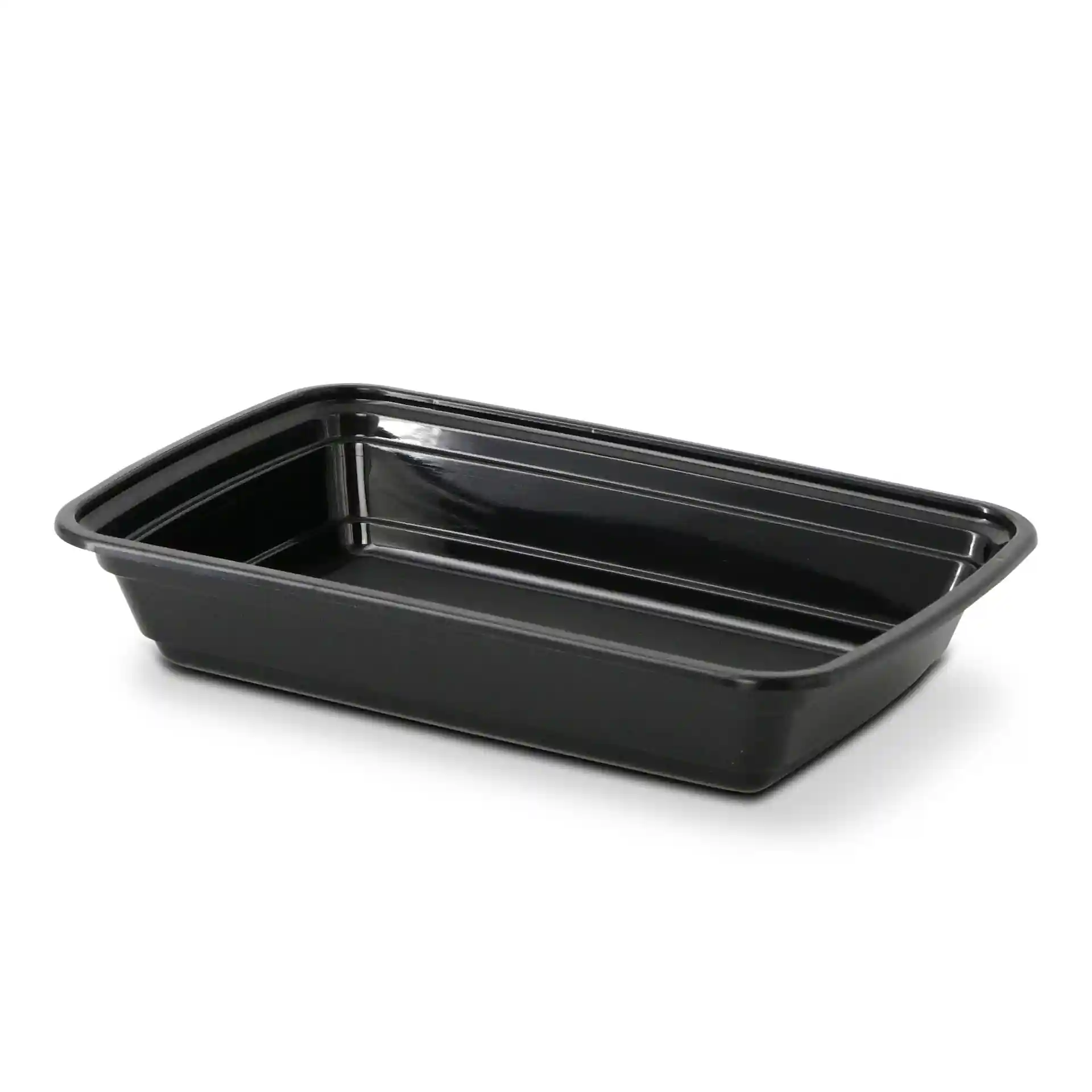 Conteneur rectangulaire réutilisable noir en polypropylène, mesurant 185 mm de long, 125 mm de large et 34 mm de haut.