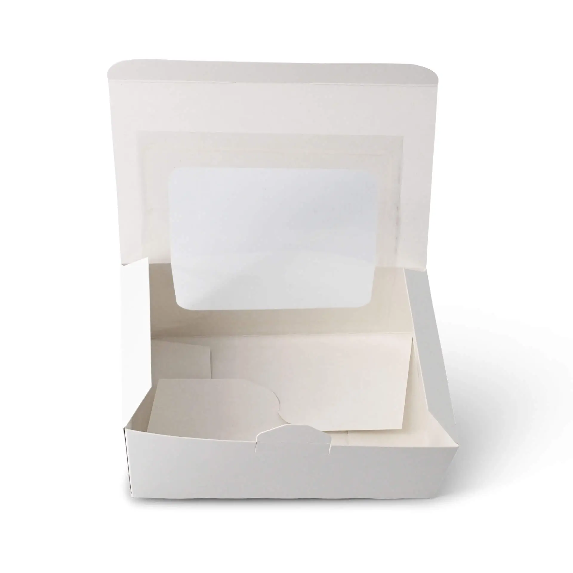 Boîte à cupcakes blanche en 2 pièces avec fenêtre en cellulose, adaptée pour contenir des pâtisseries comme des cupcakes ou des muffins.