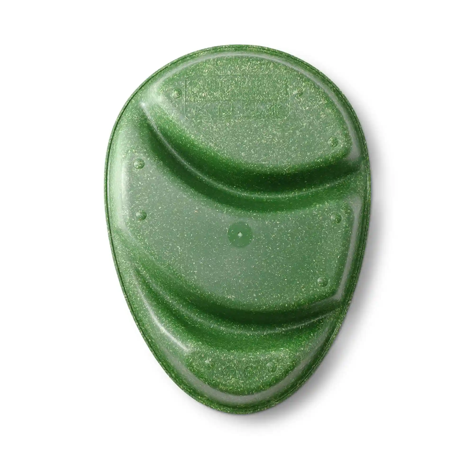 Assiette de menu réutilisable en vert épinard, en forme de goutte avec trois compartiments, dimensions 27,5 x 20 x 3,5 cm.