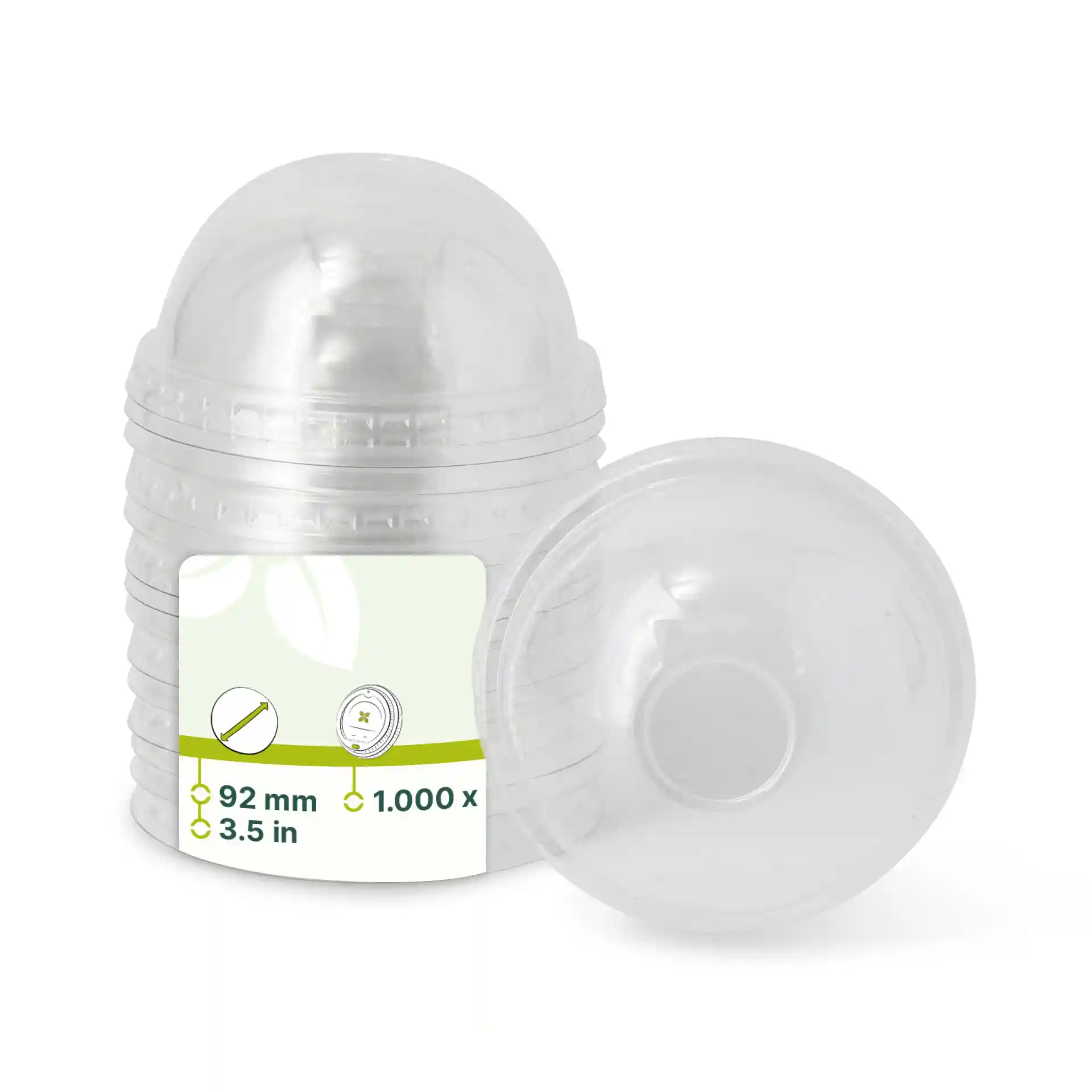 Couvercles dome en rPET transparents de 92 mm de diamètre, empilés avec un couvercle à côté de la pile.