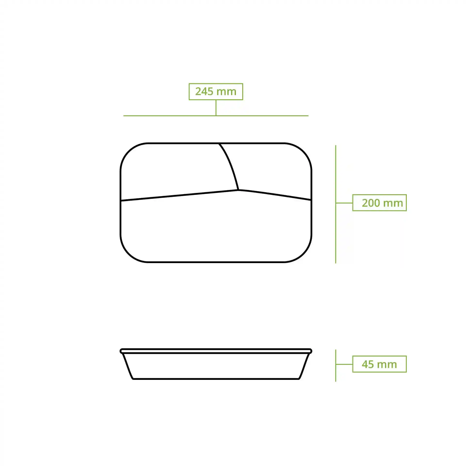Dessin schématique d'un contenant repas réutilisable avec trois compartiments, dimensions 245 mm x 200 mm x 45 mm.
