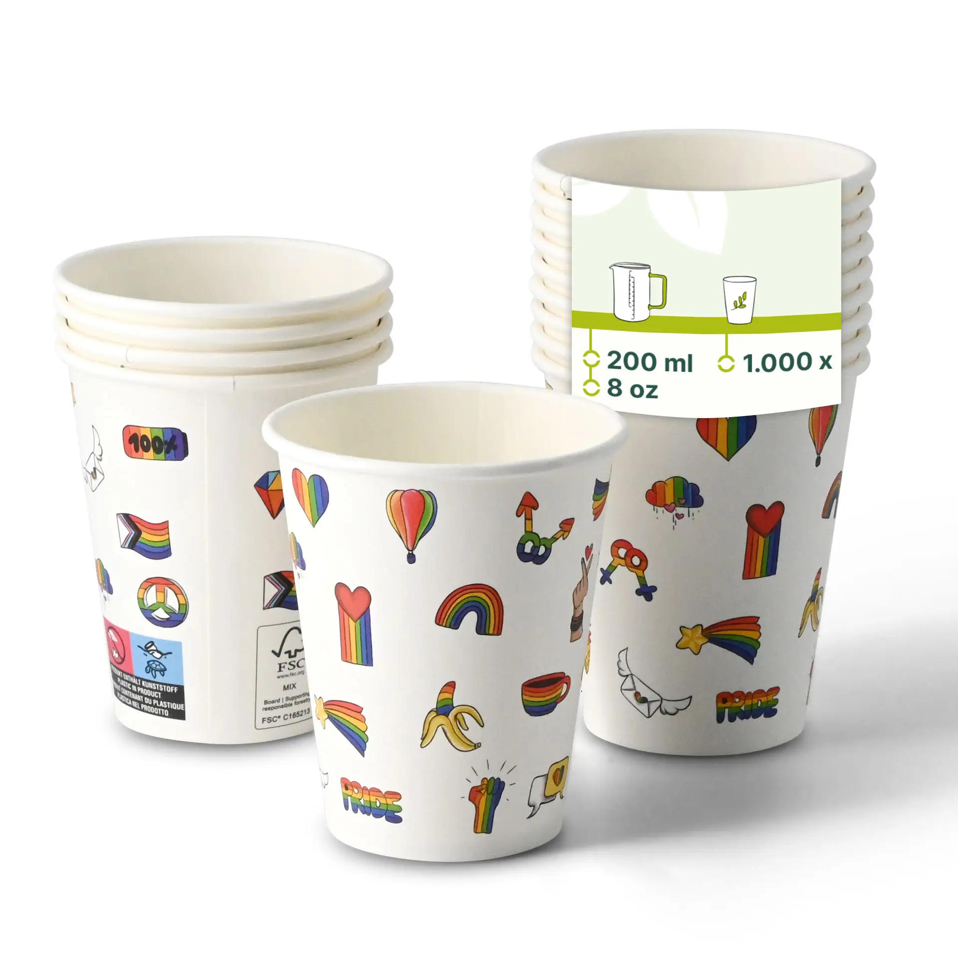 Un gobelet en papier blanc imprimé avec des designs colorés "Pride" ; plusieurs gobelets similaires affichés avec une opacité réduite.