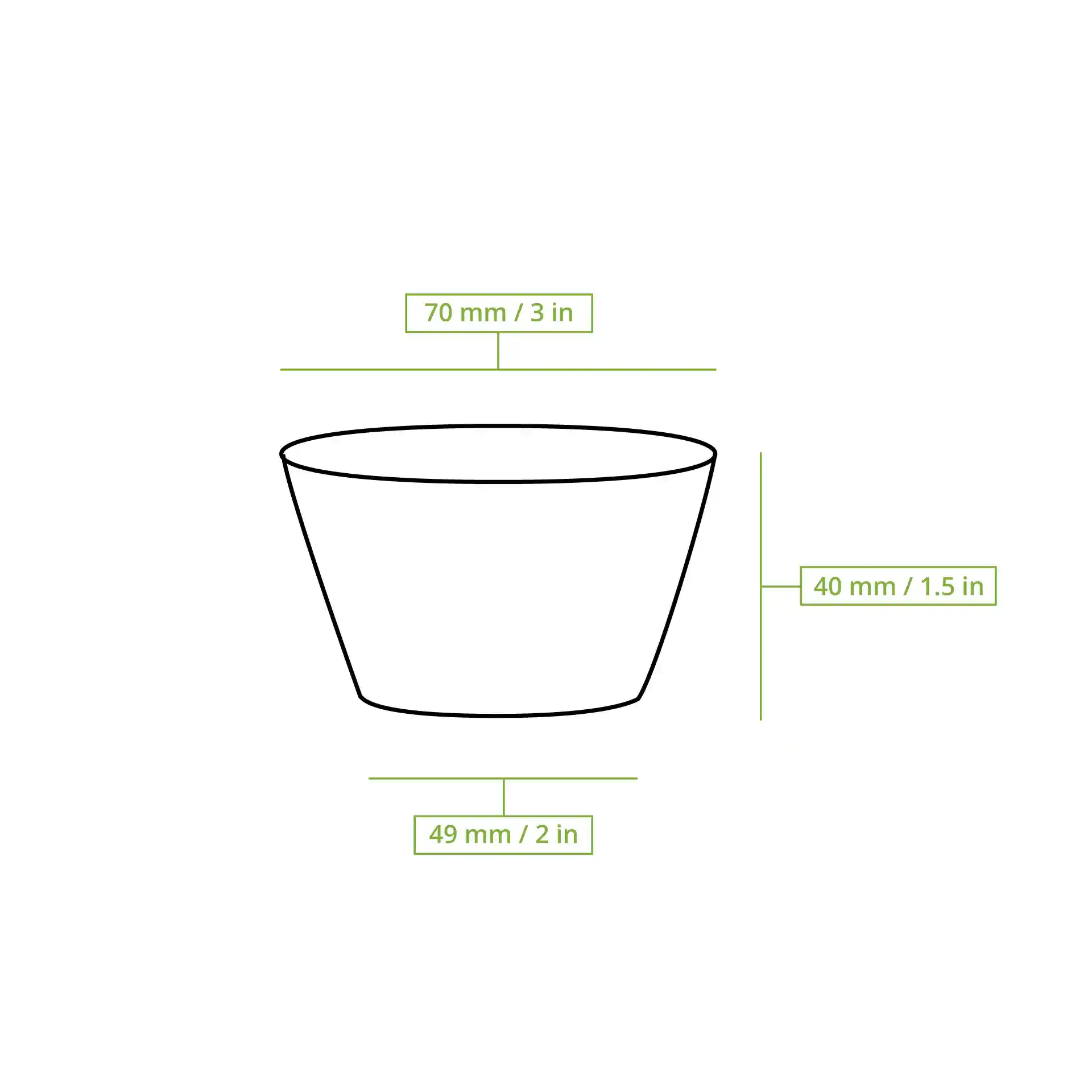 Dessin schématique d'un verre transparent avec dimensions : diamètre 70 mm, hauteur 40 mm et diamètre de base 49 mm.