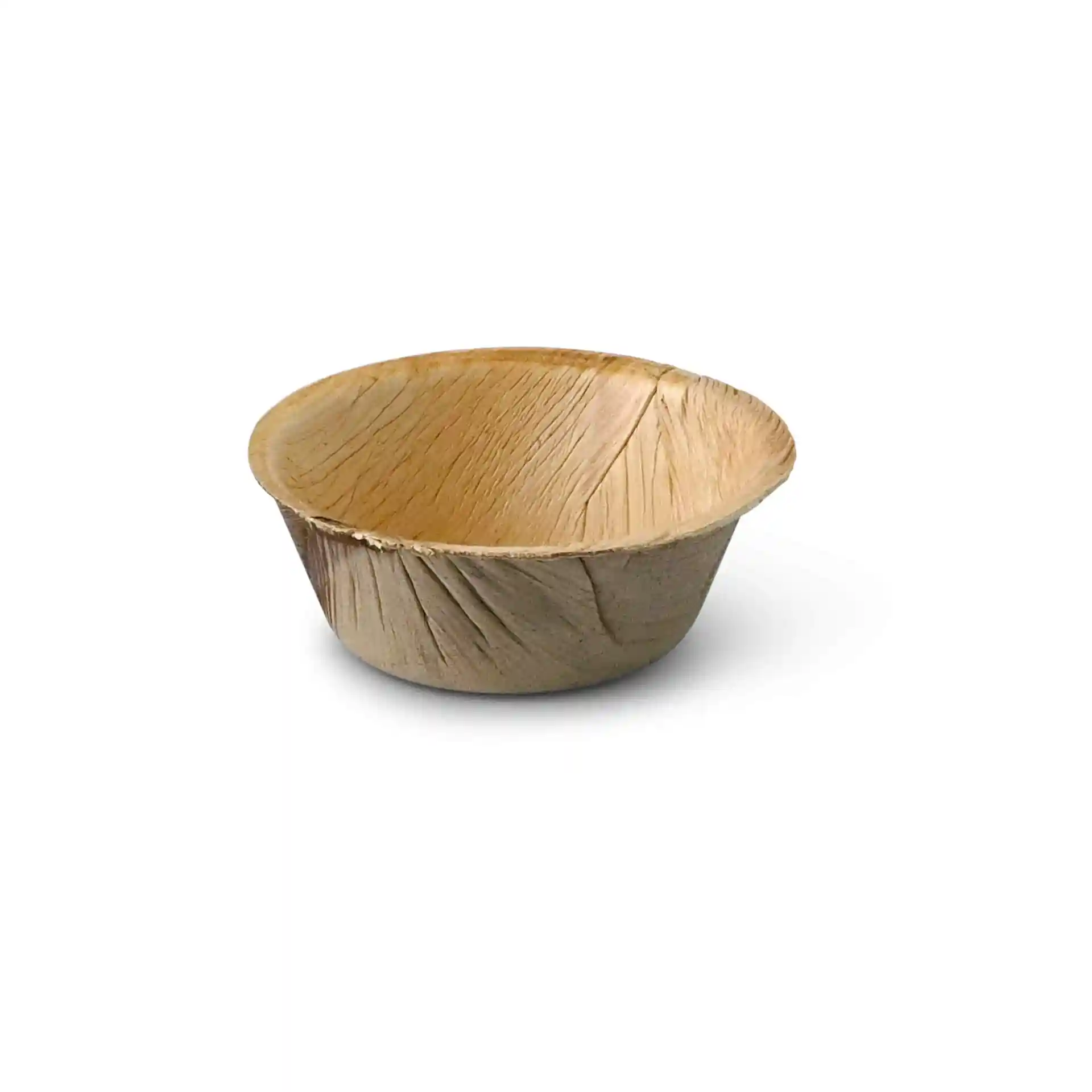 Bol rond en feuille de palmier avec texture grainée, capacité de 30 ml, mesurant 70 mm de diamètre et 25 mm de hauteur.
