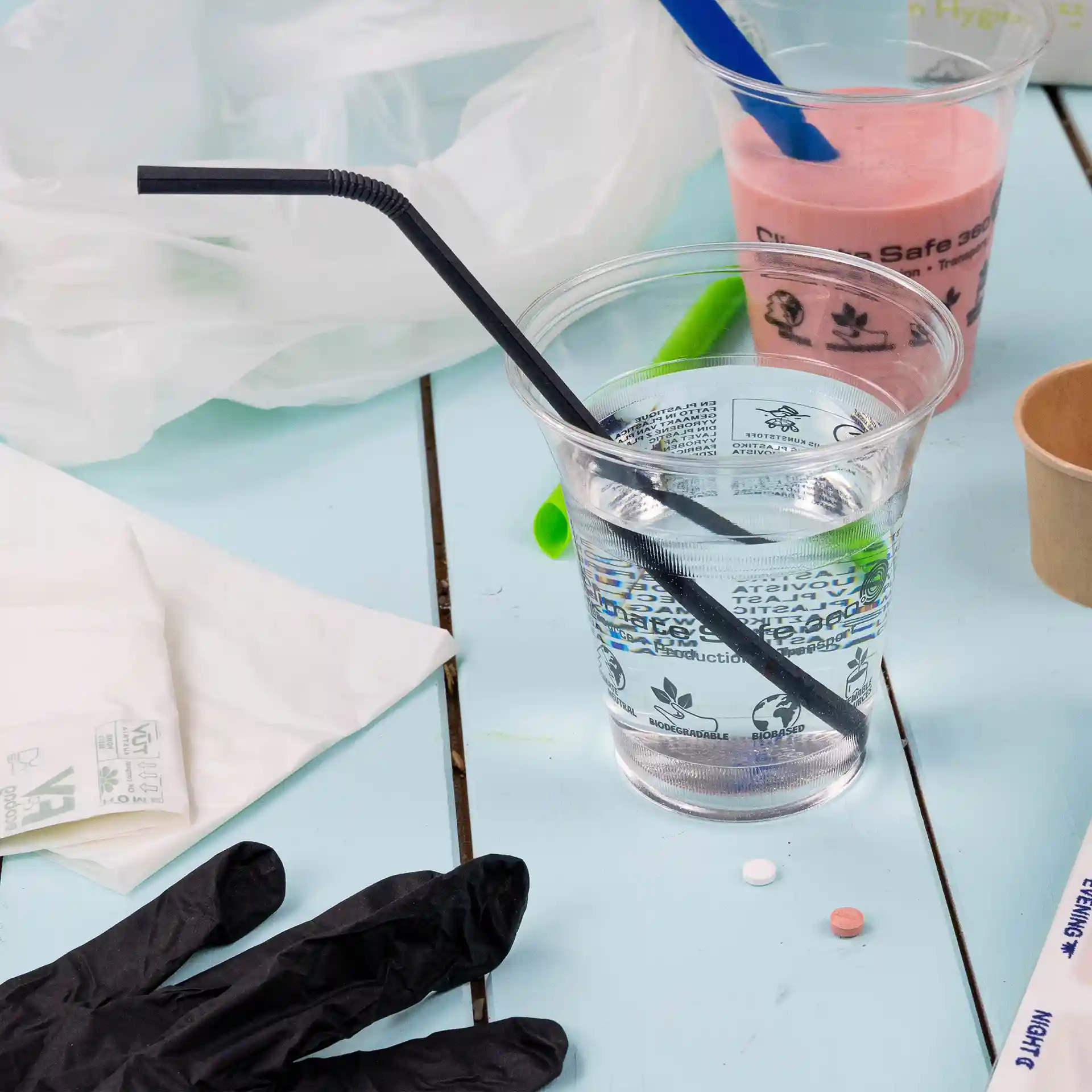 Paille en papier flexible noire dans un verre d'eau clair, avec un gant noir et divers objets sur une surface bleu clair.