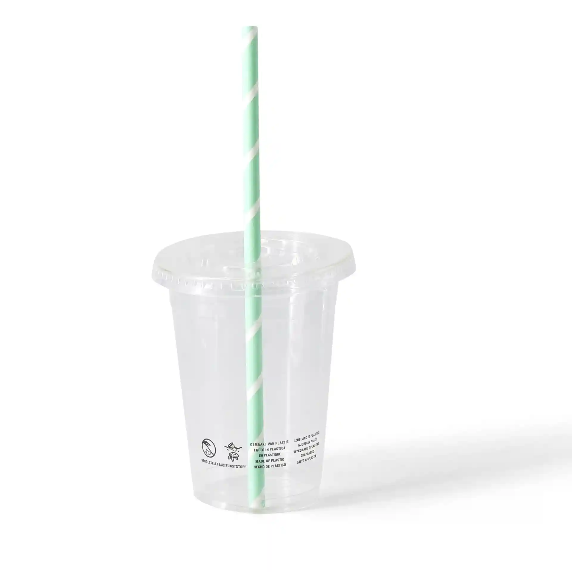 Gobelet en PLA transparent avec une paille rayée verte et blanche, capacité de 400 ml, sur fond uni.