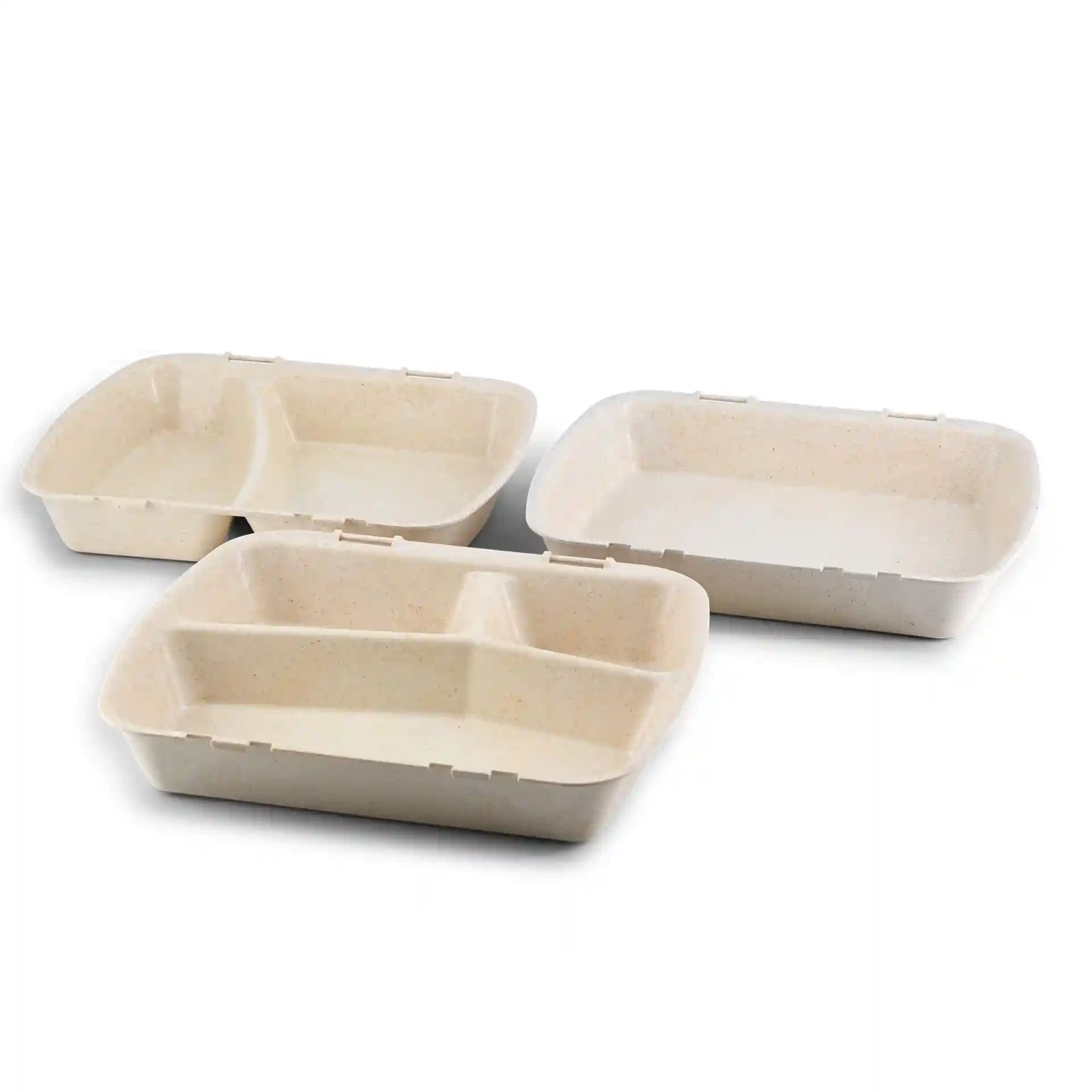 Trois contenants alimentaires réutilisables à trois compartiments, de couleur blanc crème, en matériau composite bio.