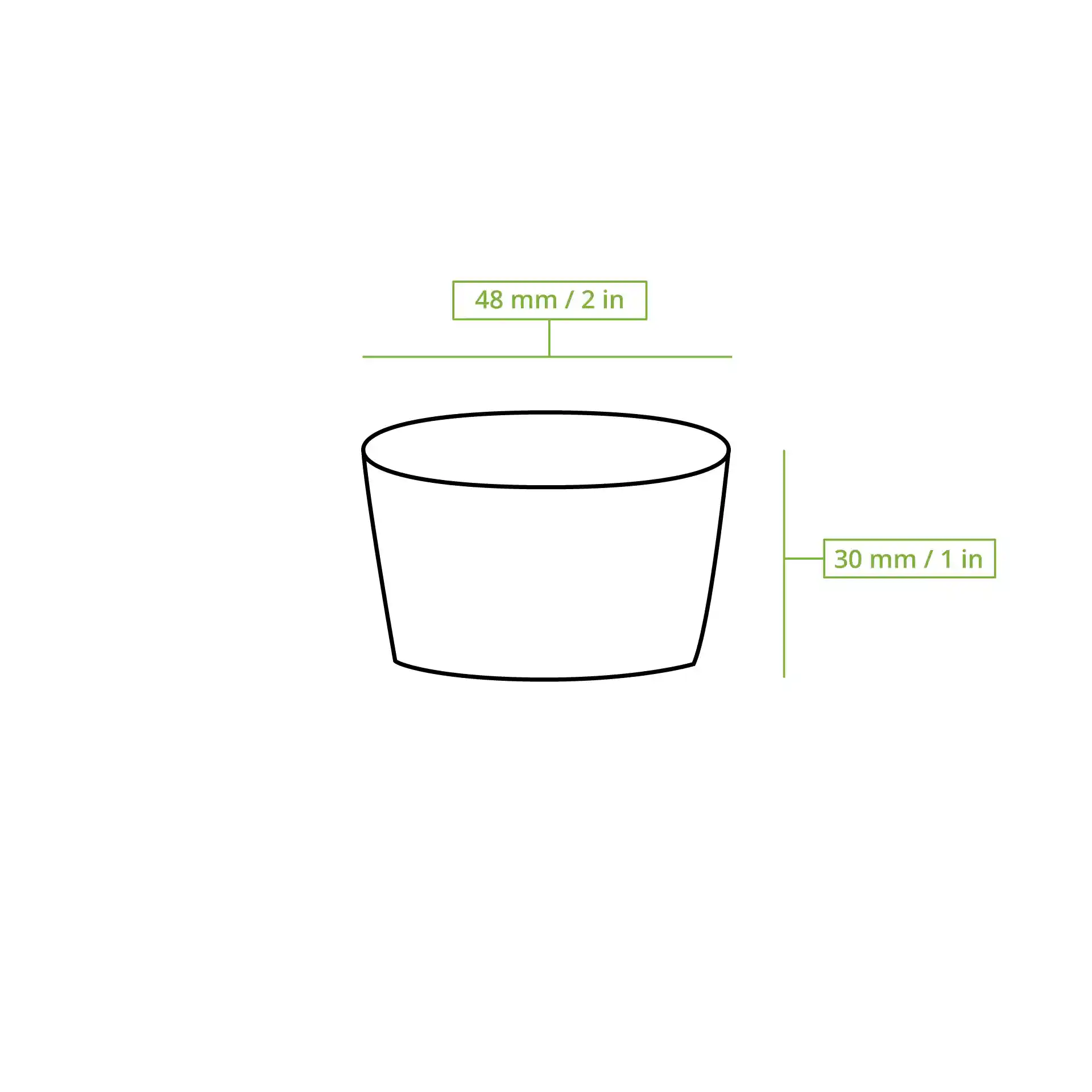Dessin schématique d'un gobelet avec dimensions étiquetées : 48 mm de diamètre et 30 mm de hauteur.