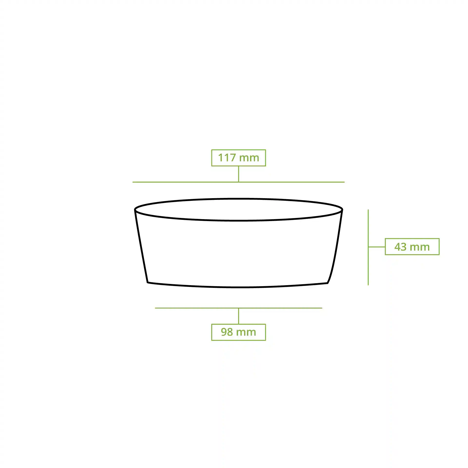 Dessin schématique d'un conteneur rond avec dimensions : 117 mm de diamètre, 43 mm de hauteur et 98 mm de diamètre de fond.