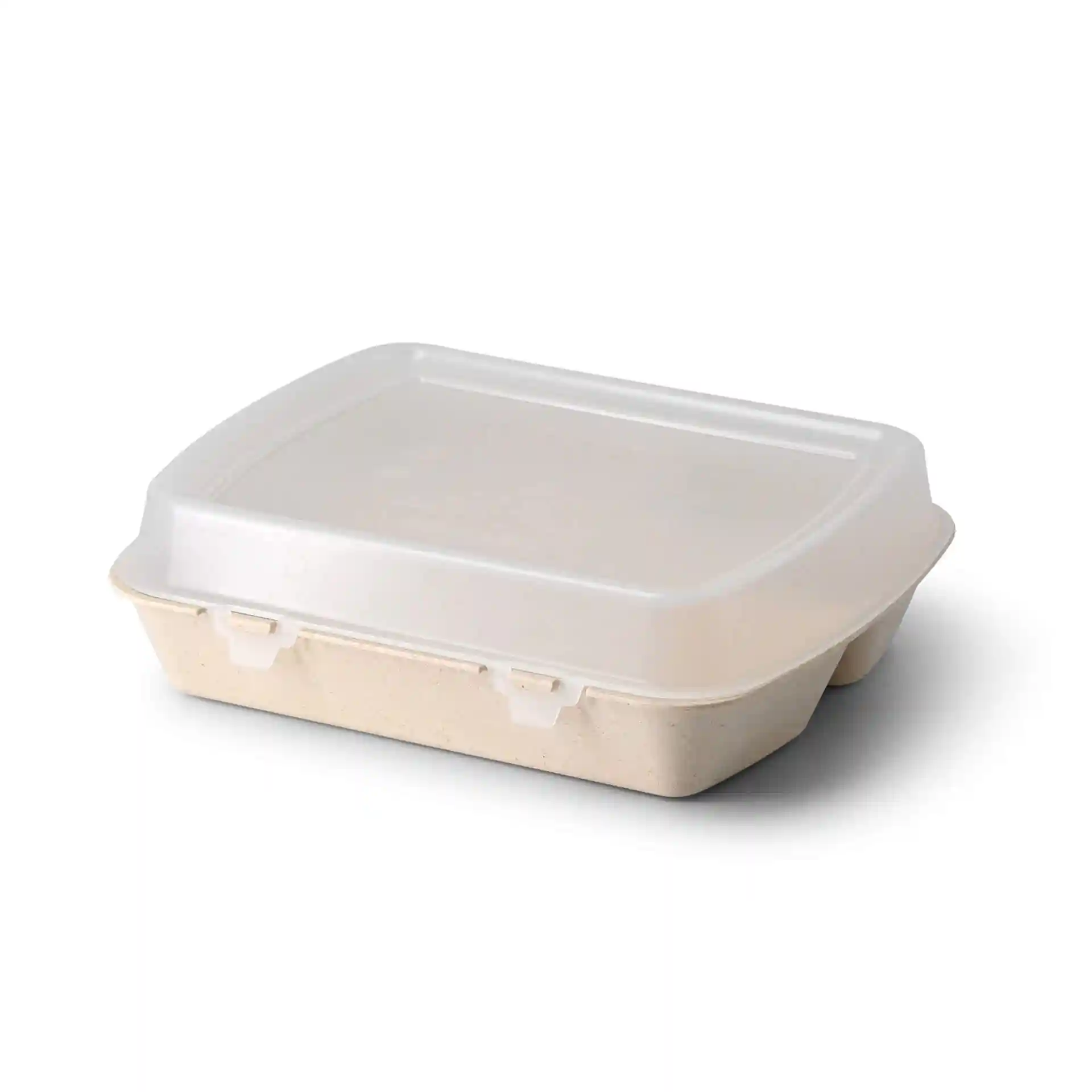 Conteneur de repas réutilisable avec un corps en composé bio crème blanc et un couvercle transparent, comportant trois compartiments.