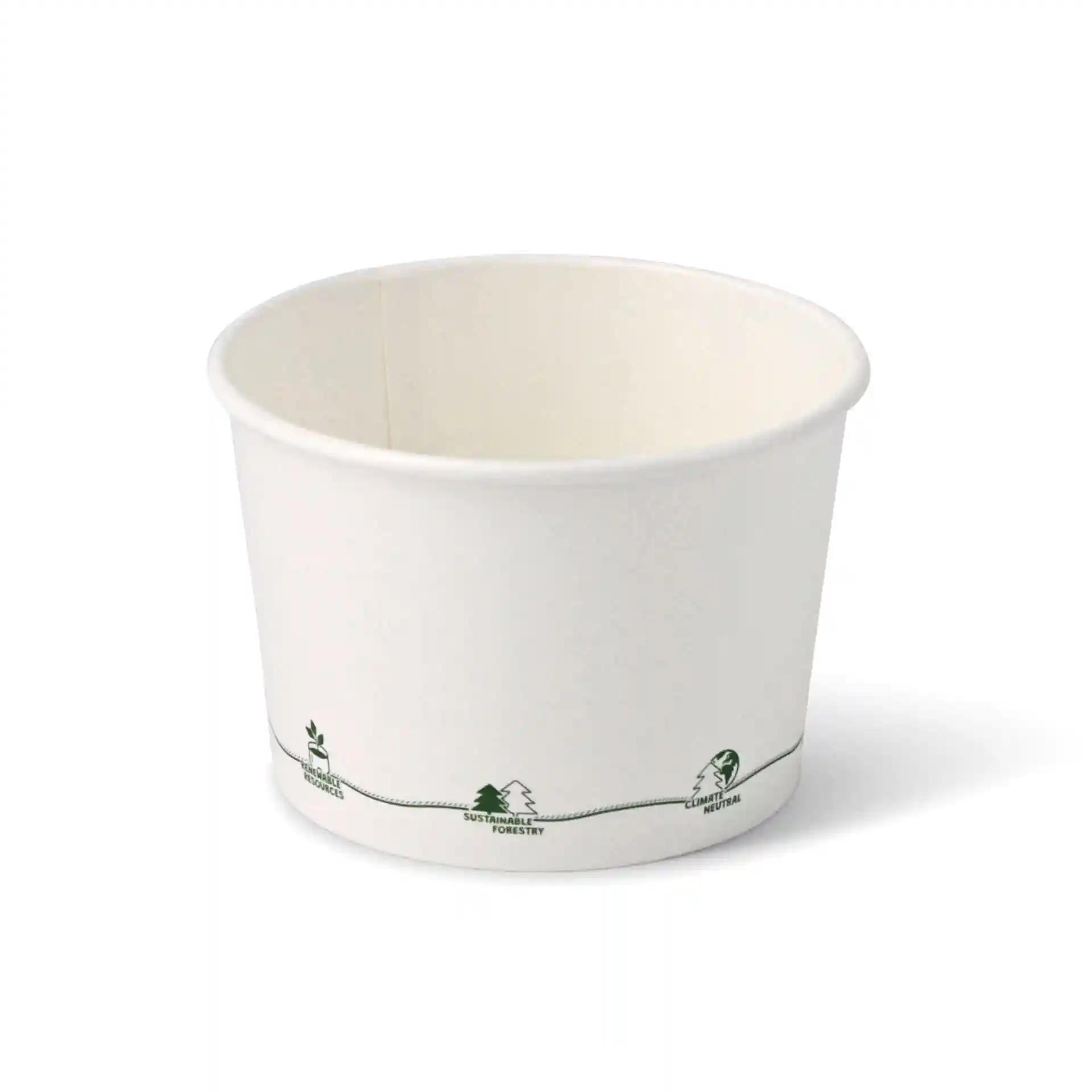 Conteneur rond en carton pour soupe avec icônes écologiques imprimées, capacité de 16 oz, diamètre de 115 mm en haut.