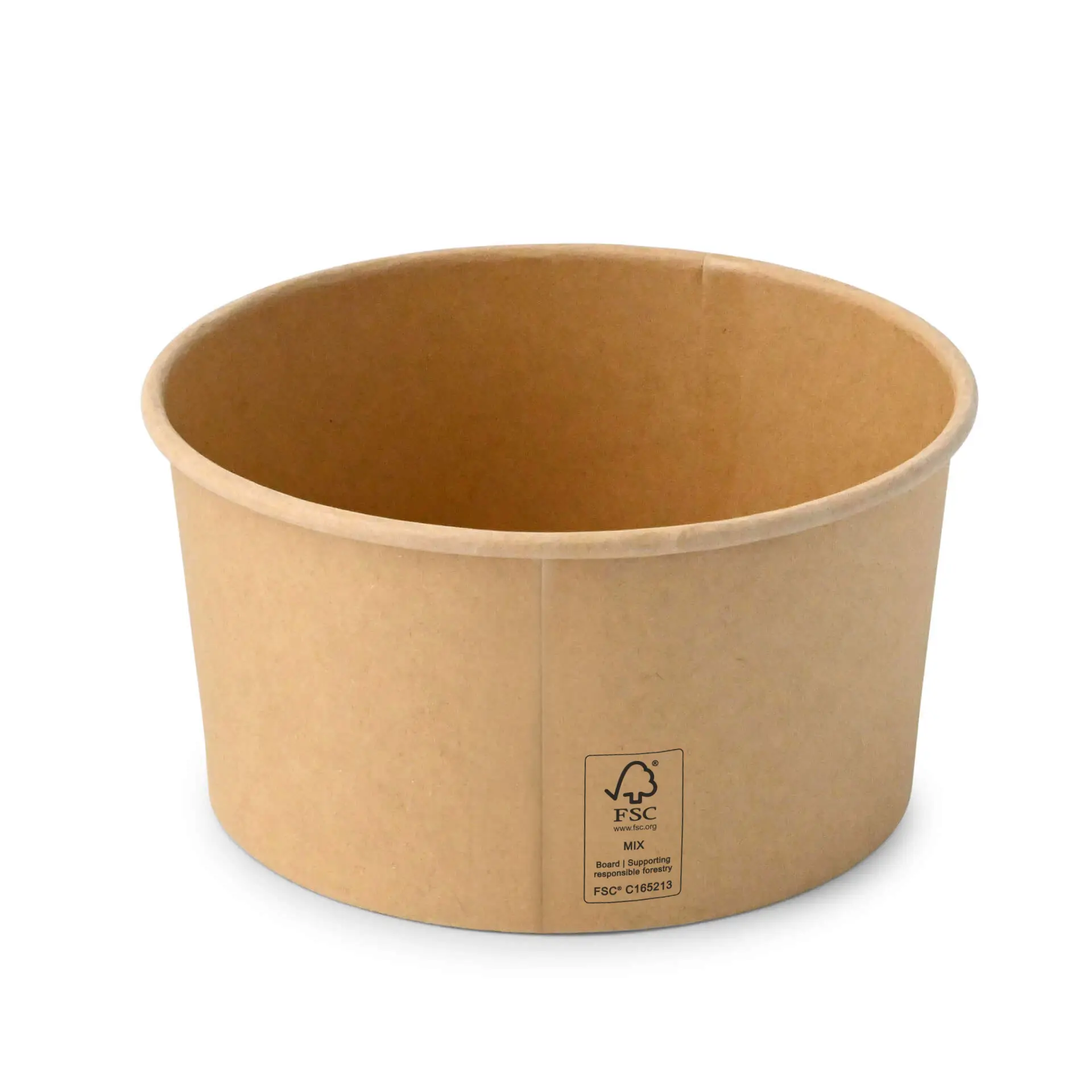 Bol à salade en papier marron, 800 ml ; forme ronde avec revêtement en PE ; adapté aux plats chauds et froids. Logo FSC sur le côté.