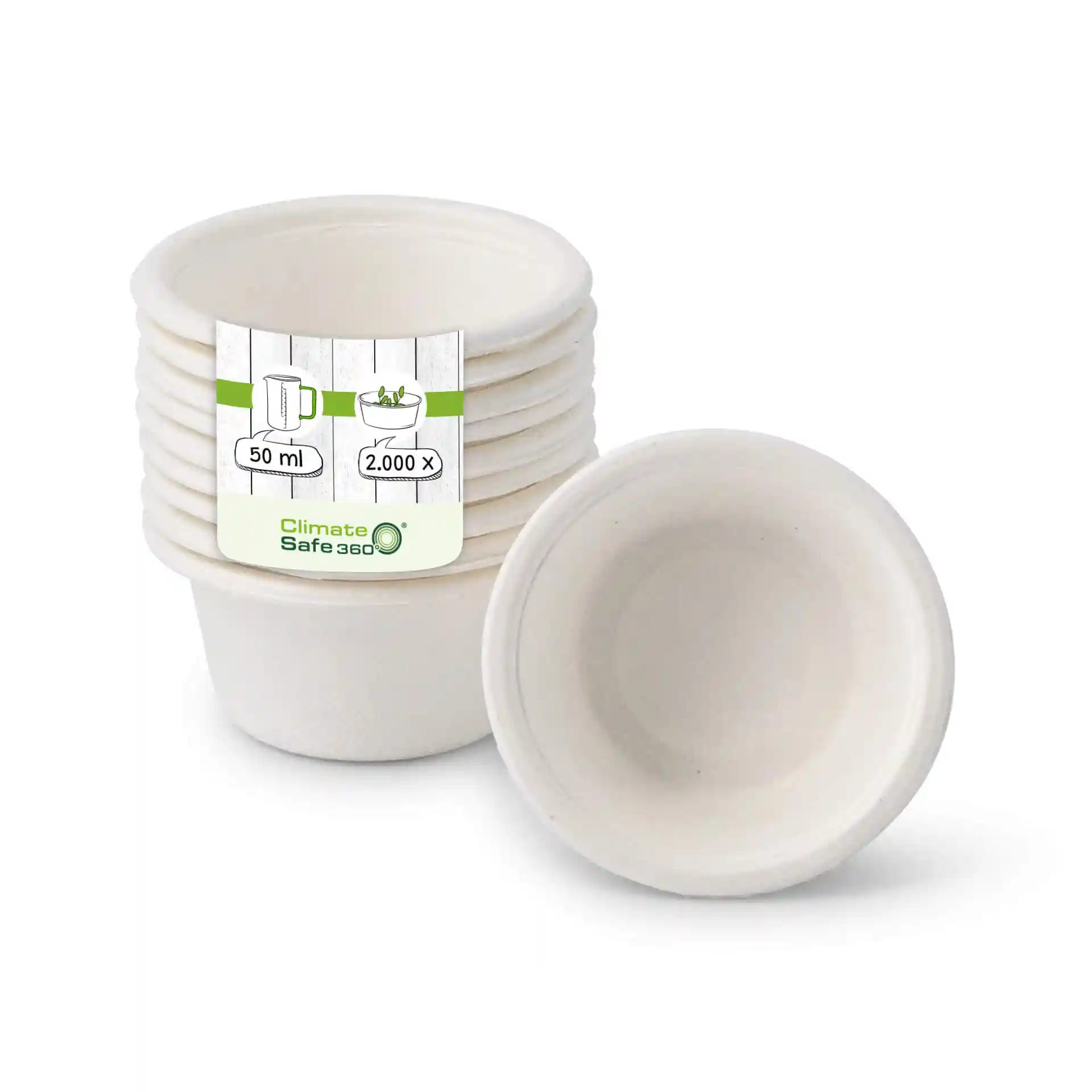Empilement de gobelets en bagasse ronds, chacun d'une capacité de 50 ml et d'un diamètre de 62 mm, sur fond blanc.