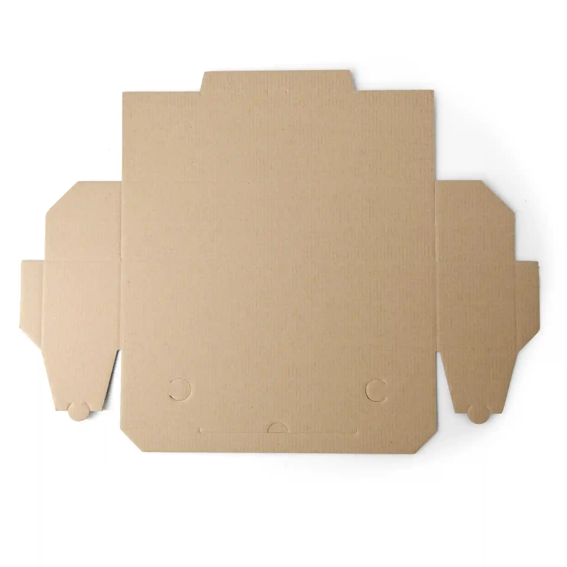 Boîte à pizza marron au design plat, mesurant 7 x 8 x 28 cm, vue de dessus.