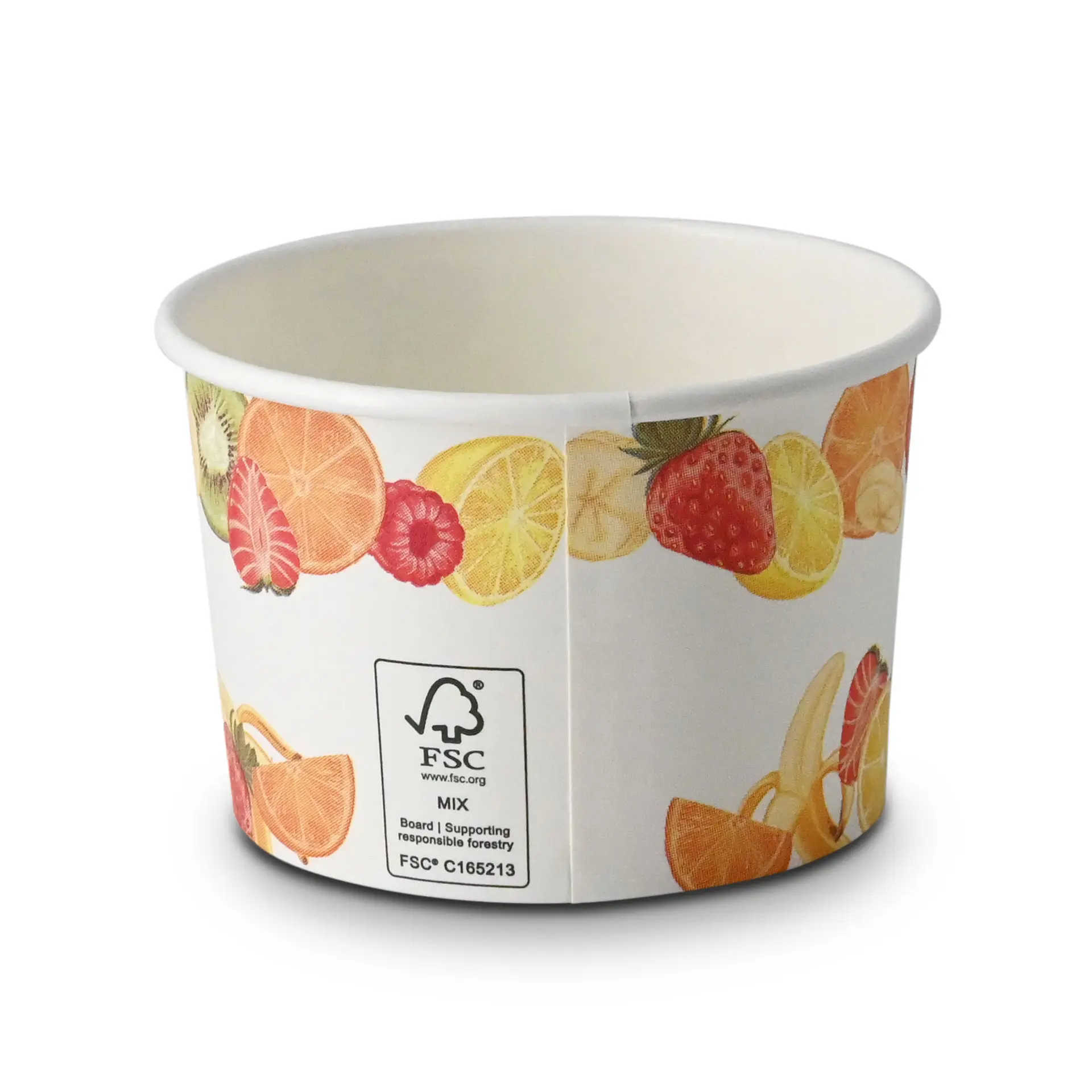 Gobelet en papier imprimé avec des illustrations de fruits, capacité de 8 oz, diamètre de 92 mm et hauteur de 62 mm.