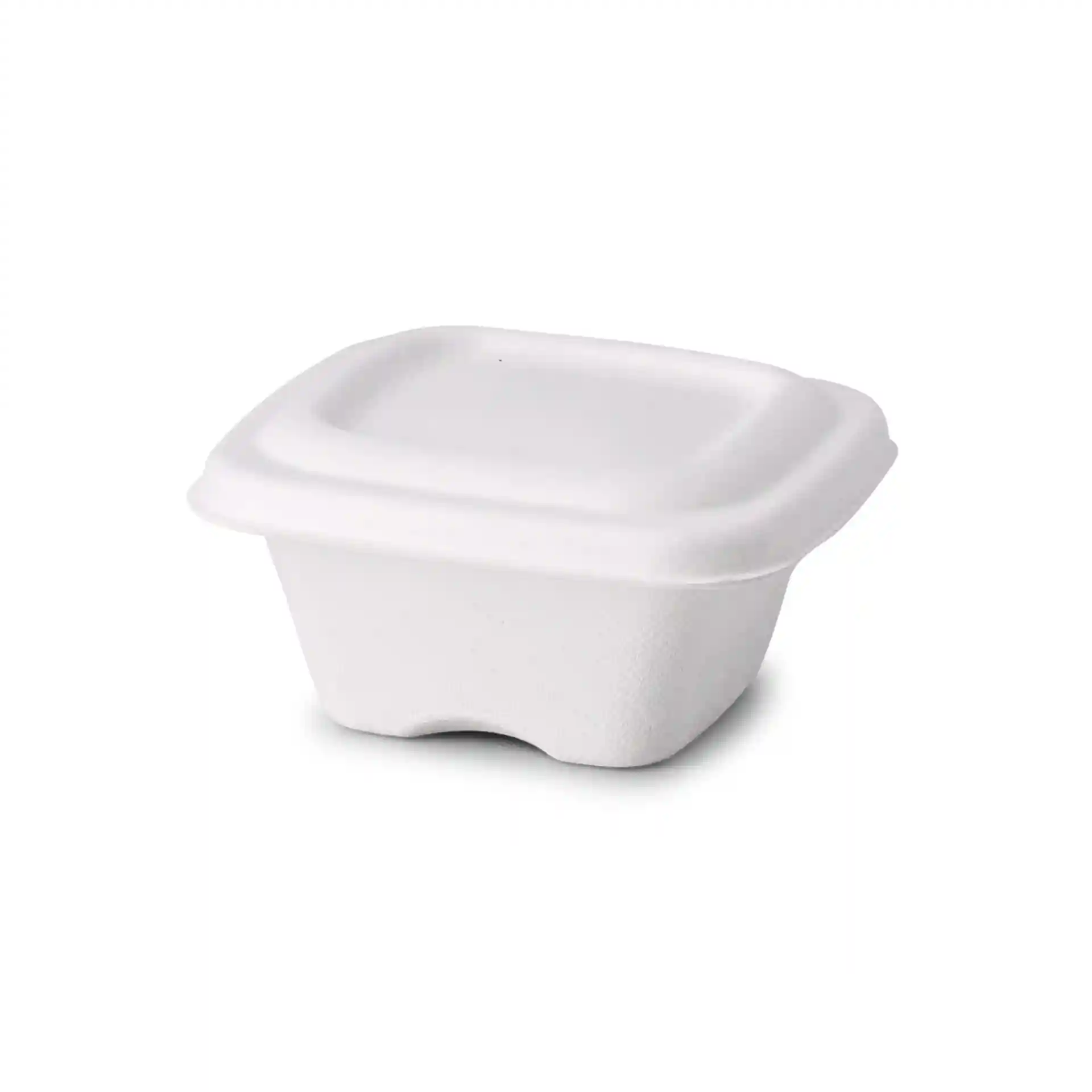 Gobelet portion carré blanc en bagasse avec couvercle, mesurant 81 x 81 x 37 mm, fabriqué à partir de canne à sucre.