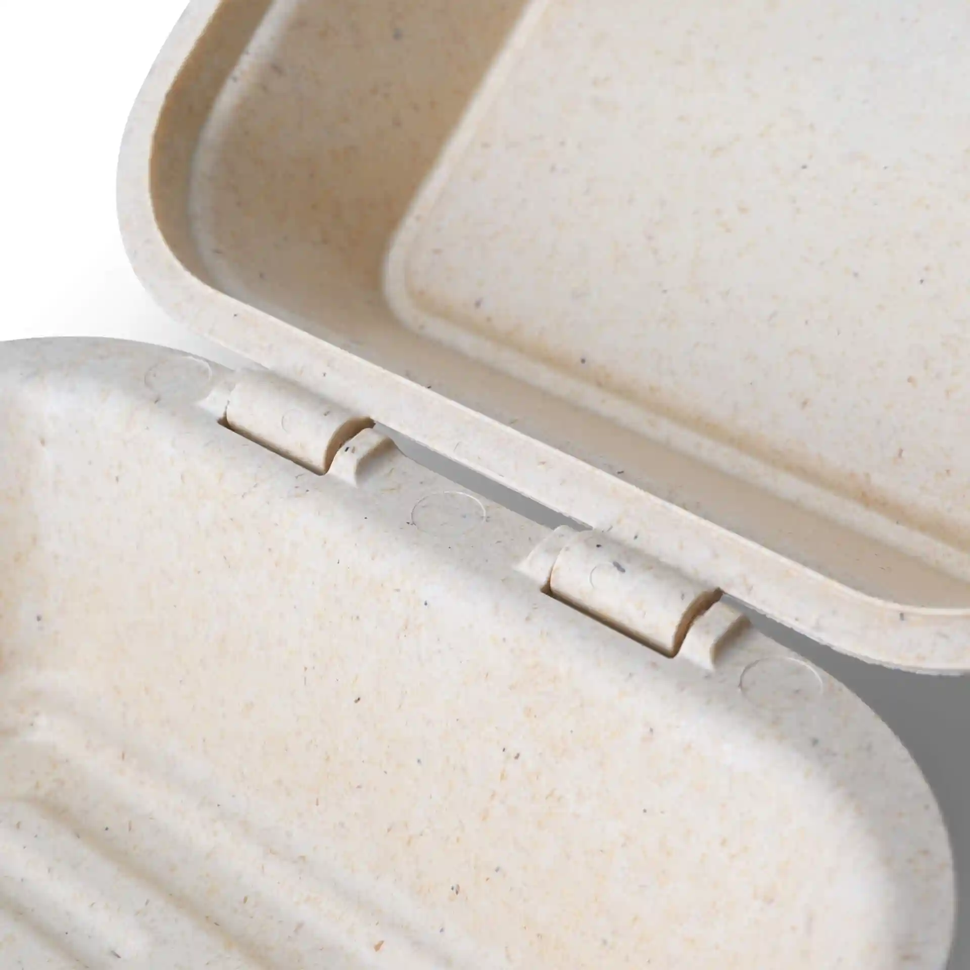 Boîte à burger réutilisable blanche crémeuse avec couvercle à charnière, montrant les détails intérieurs et extérieurs.