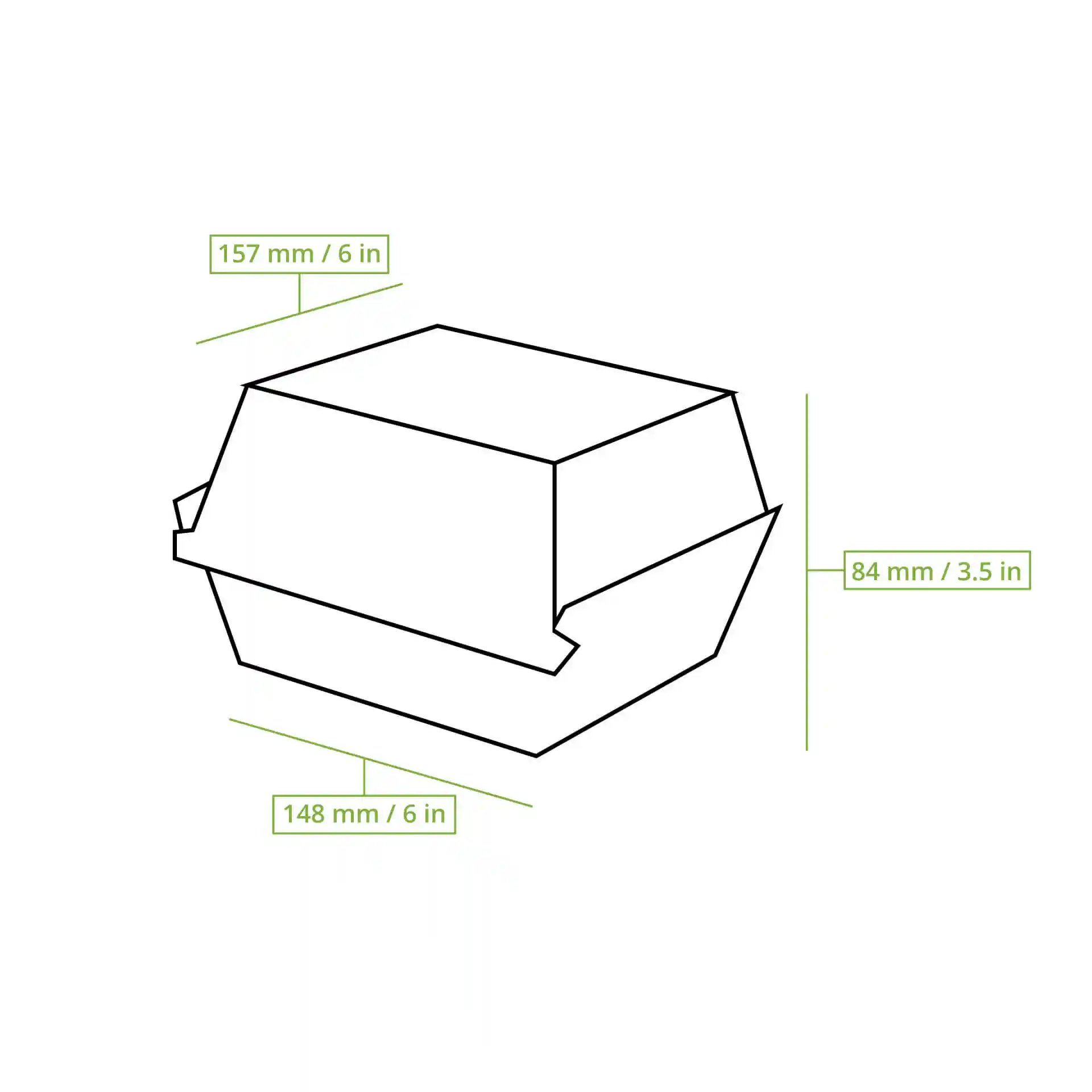 Dessin schématique d'une boîte à burger avec les dimensions : 157 mm de longueur, 148 mm de largeur et 84 mm de hauteur.