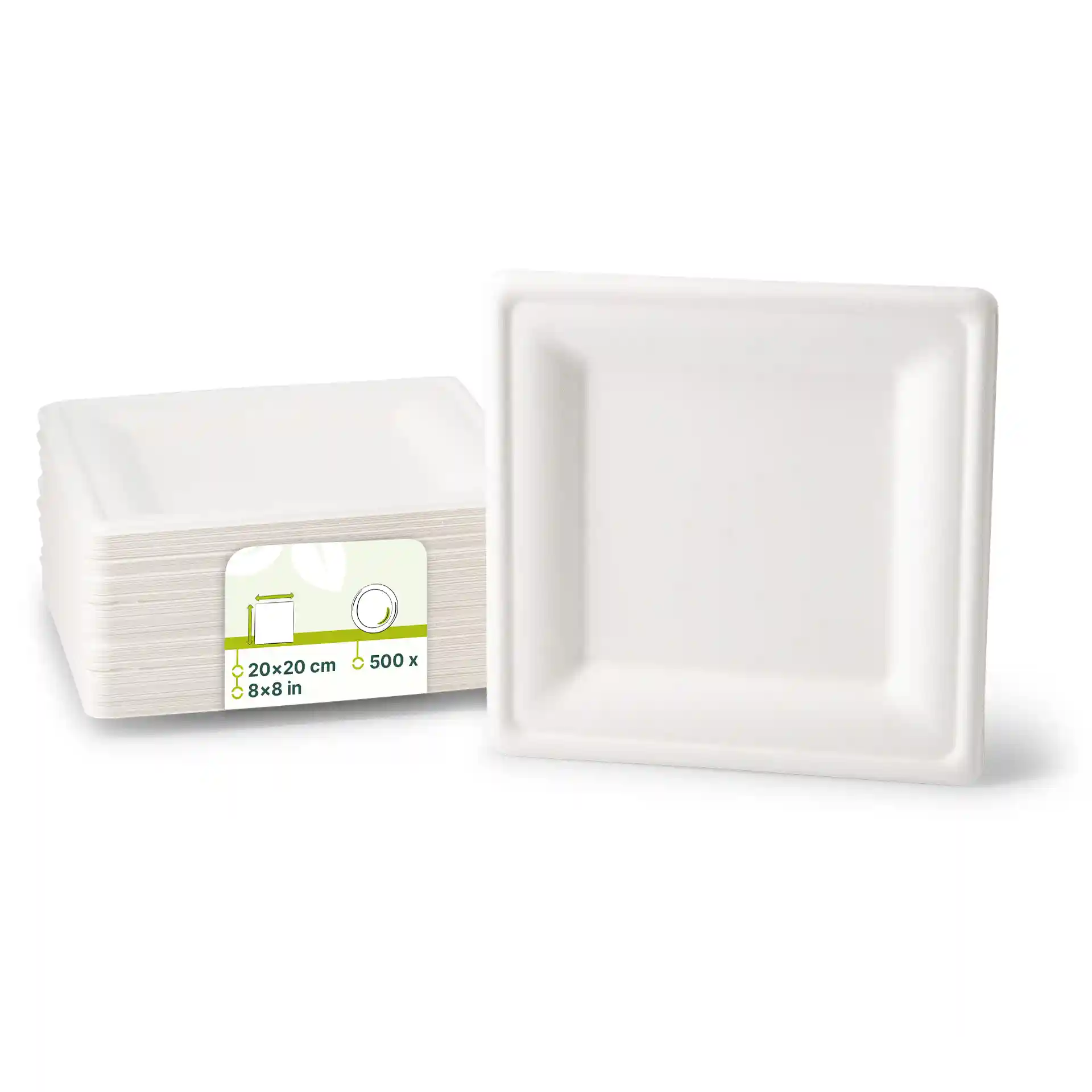 Assiettes carrées blanches en canne à sucre, mesurant 20 x 20 cm, empilées avec une étiquette visible sur le côté.
