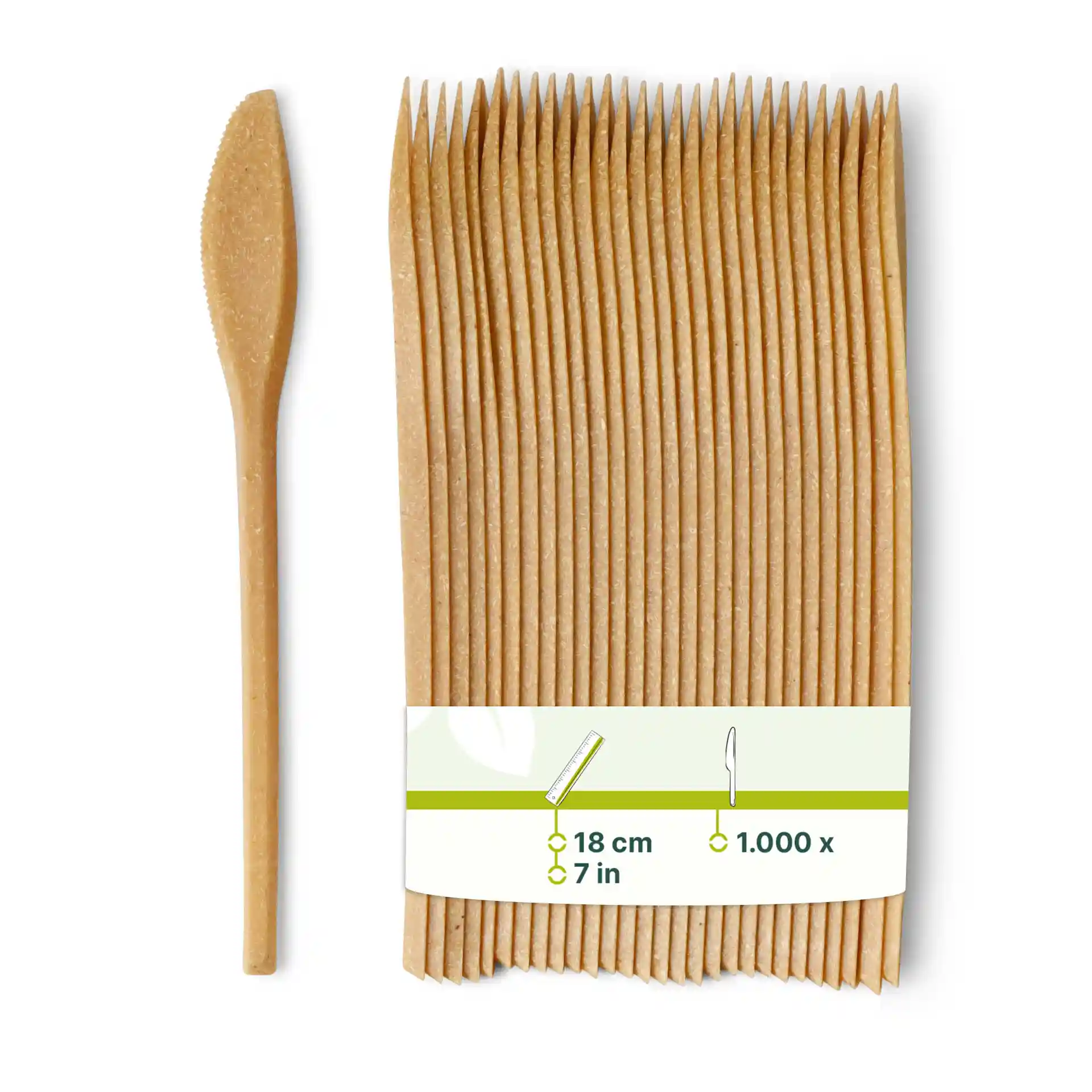 Couteaux réutilisables marron en matériau bio, mesurant 18 cm, empilés avec un couteau en avant.