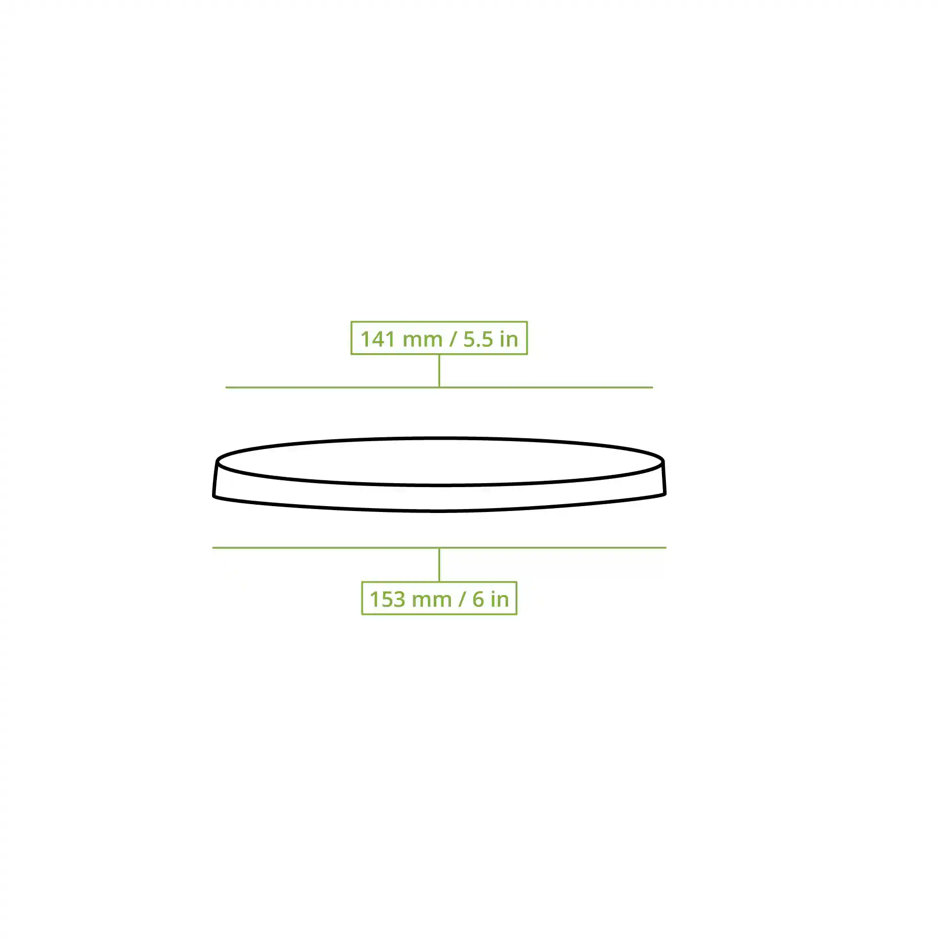 Dessin schématique d'un couvercle de tasse rond avec des lignes de dimension montrant des diamètres de 141 mm et 153 mm.
