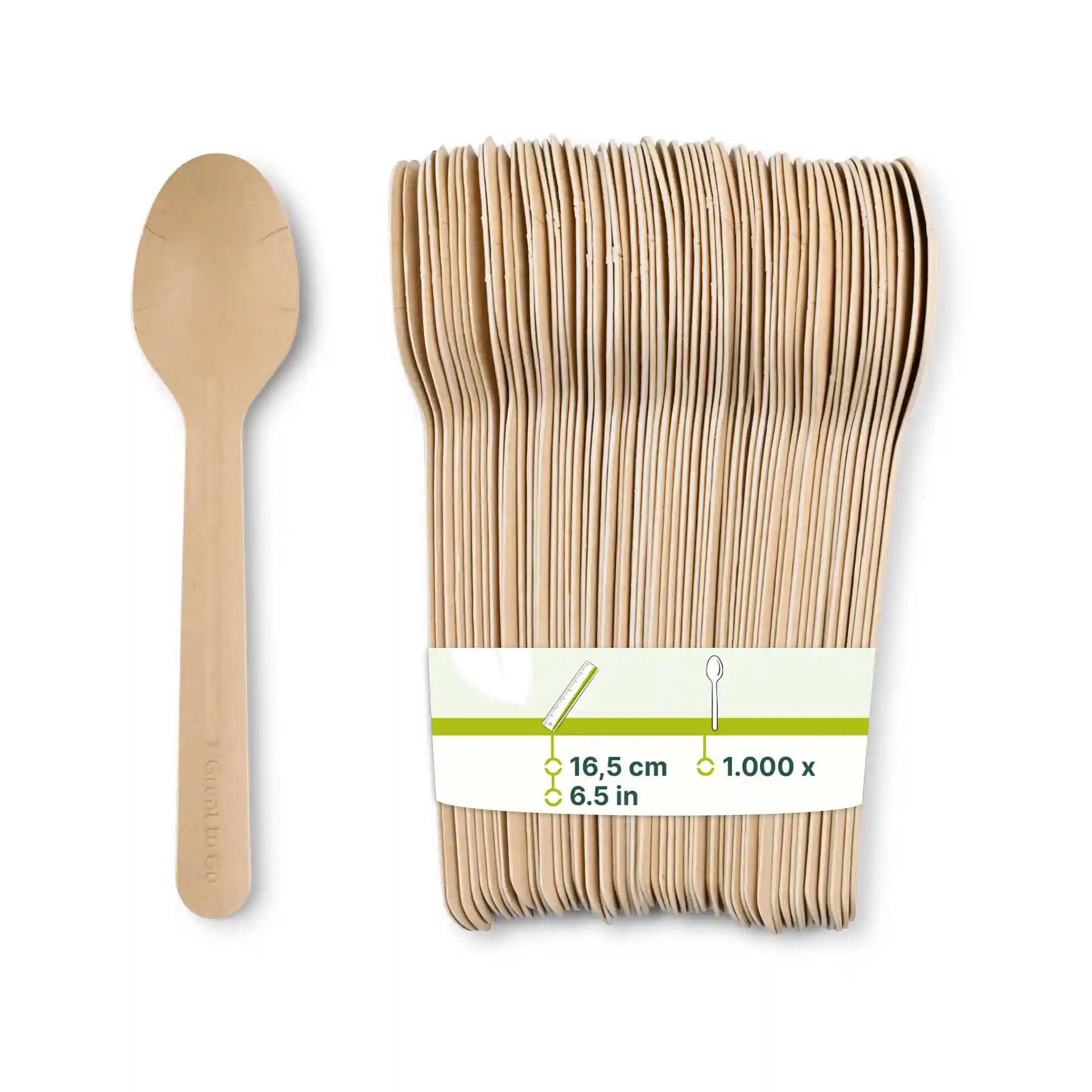 Cuillères en papier marron, 16,5 cm de long, présentées avec une pile de plusieurs cuillères et une étiquette montrant les détails du produit.