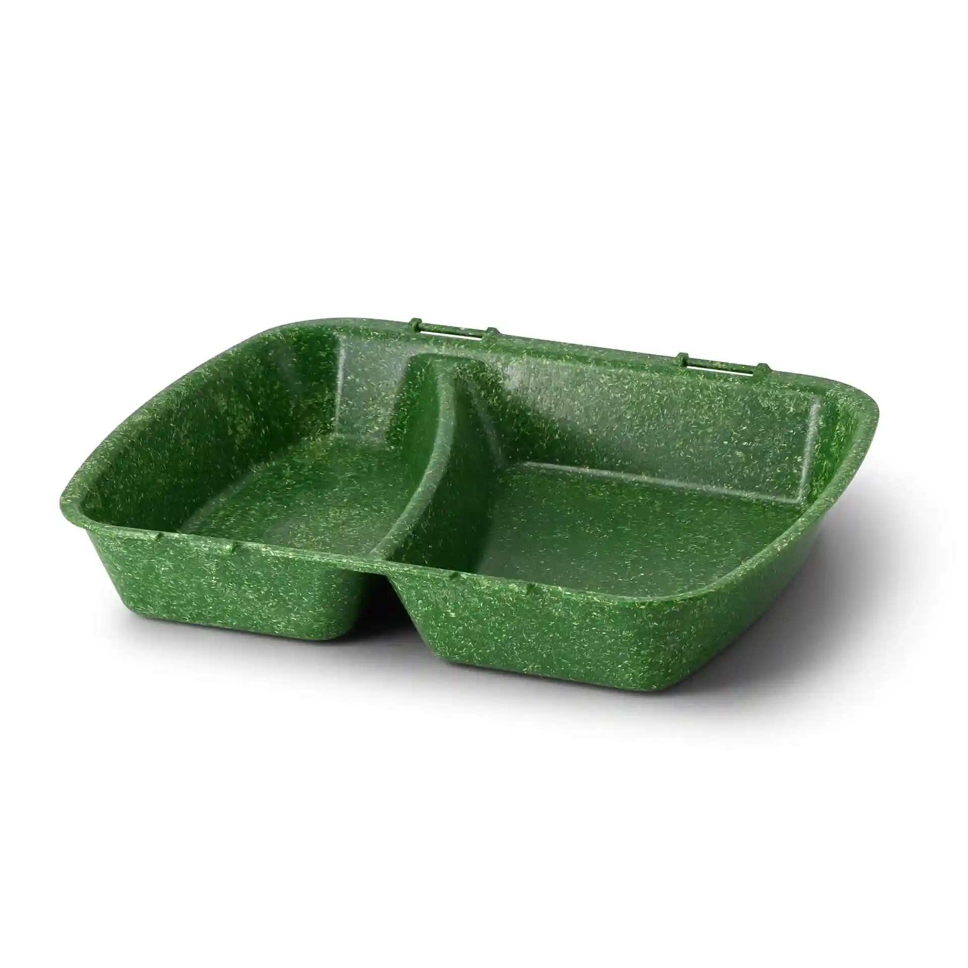 Conteneur de repas réutilisable vert foncé avec deux compartiments, mesurant 24,5 x 20 x 4,5 cm.
