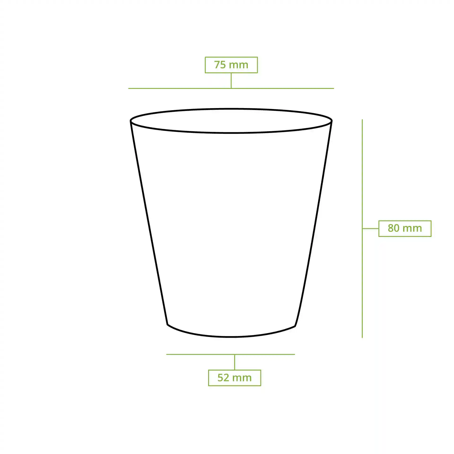 Dessin schématique d'un gobelet en papier rond avec dimensions : hauteur 80 mm, diamètre supérieur 80 mm, diamètre inférieur 53 mm.