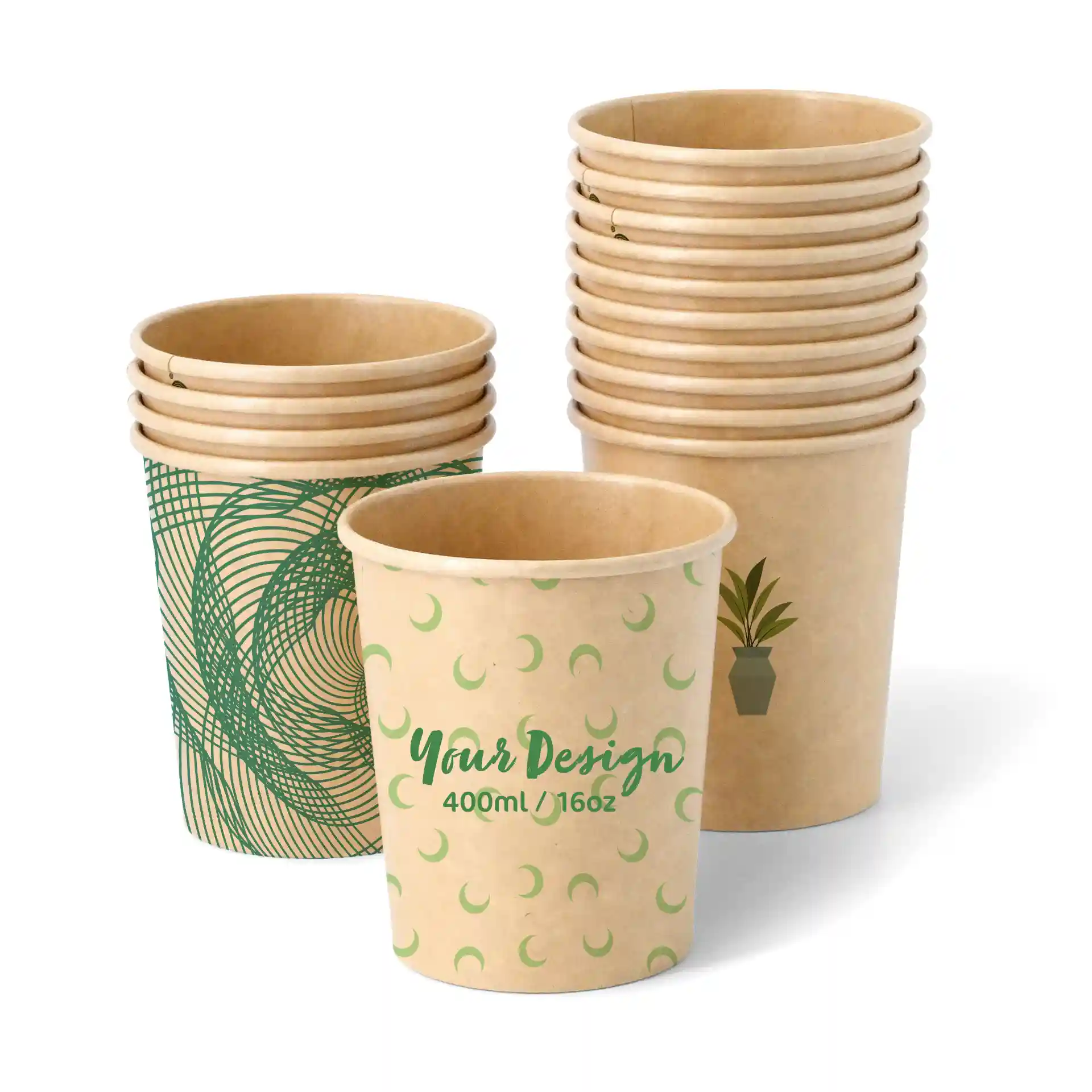 Des gobelets en carton marron pour glace avec divers motifs, y compris un motif de plante et un motif en spirale, empilés ensemble.