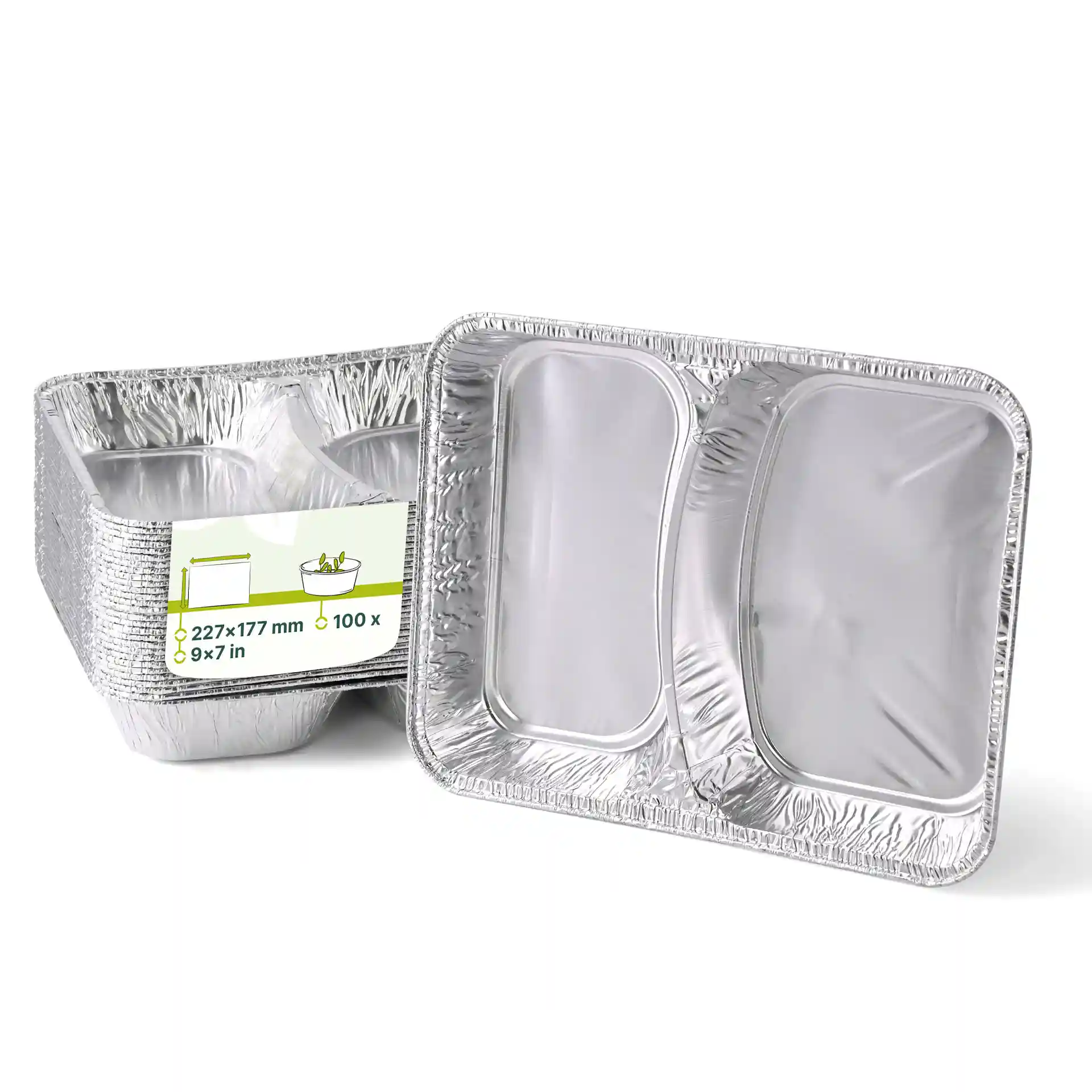 Plateaux repas en aluminium à deux compartiments, mesurant 227 x 177 mm, présentés avec une étiquette et un emballage.