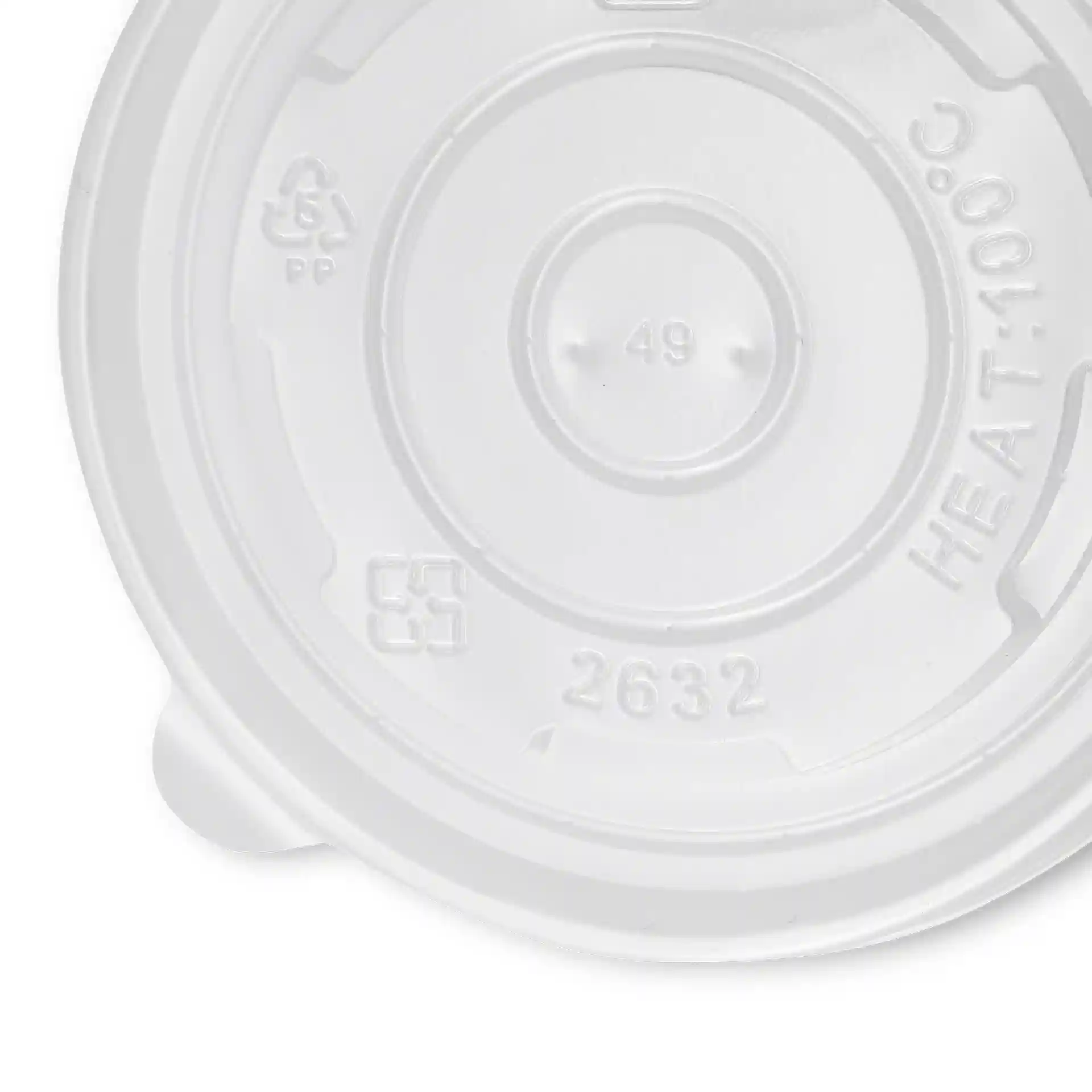 Couvercle rond transparent en polypropylène d'un diamètre de 90 mm, avec des marquages sur la surface.