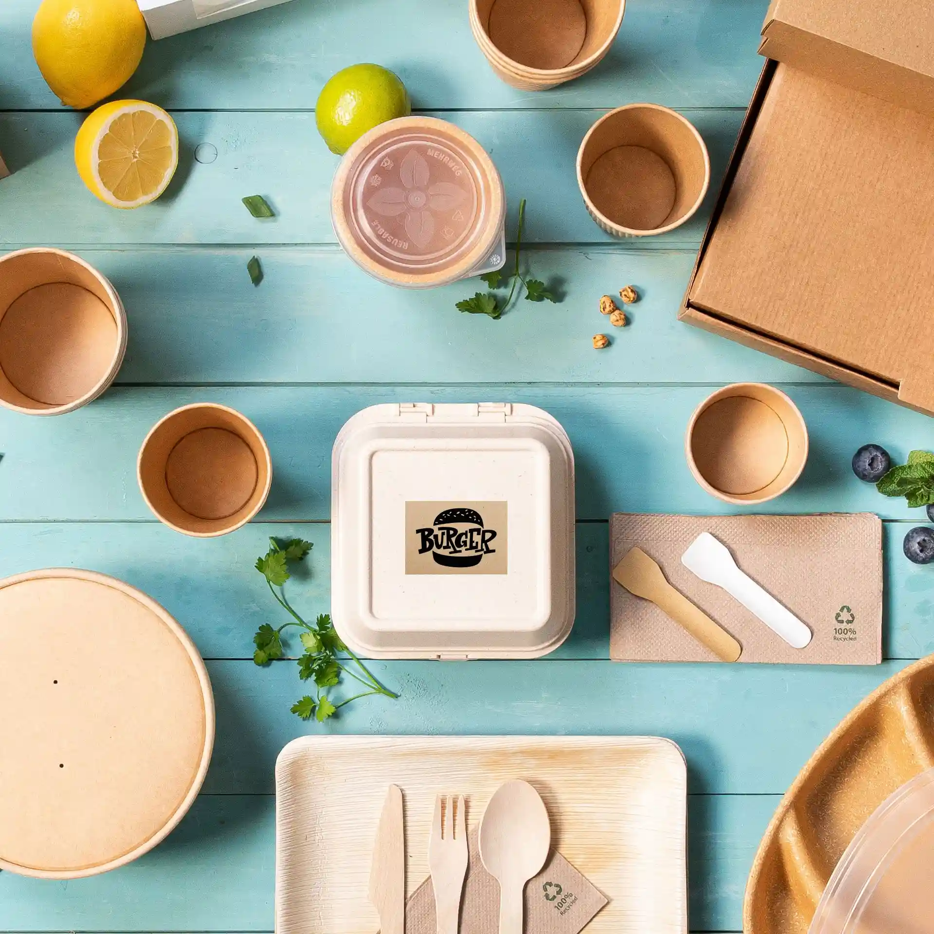 Image de divers contenants alimentaires jetables, ustensiles et ingrédients frais sur une surface en bois bleu.