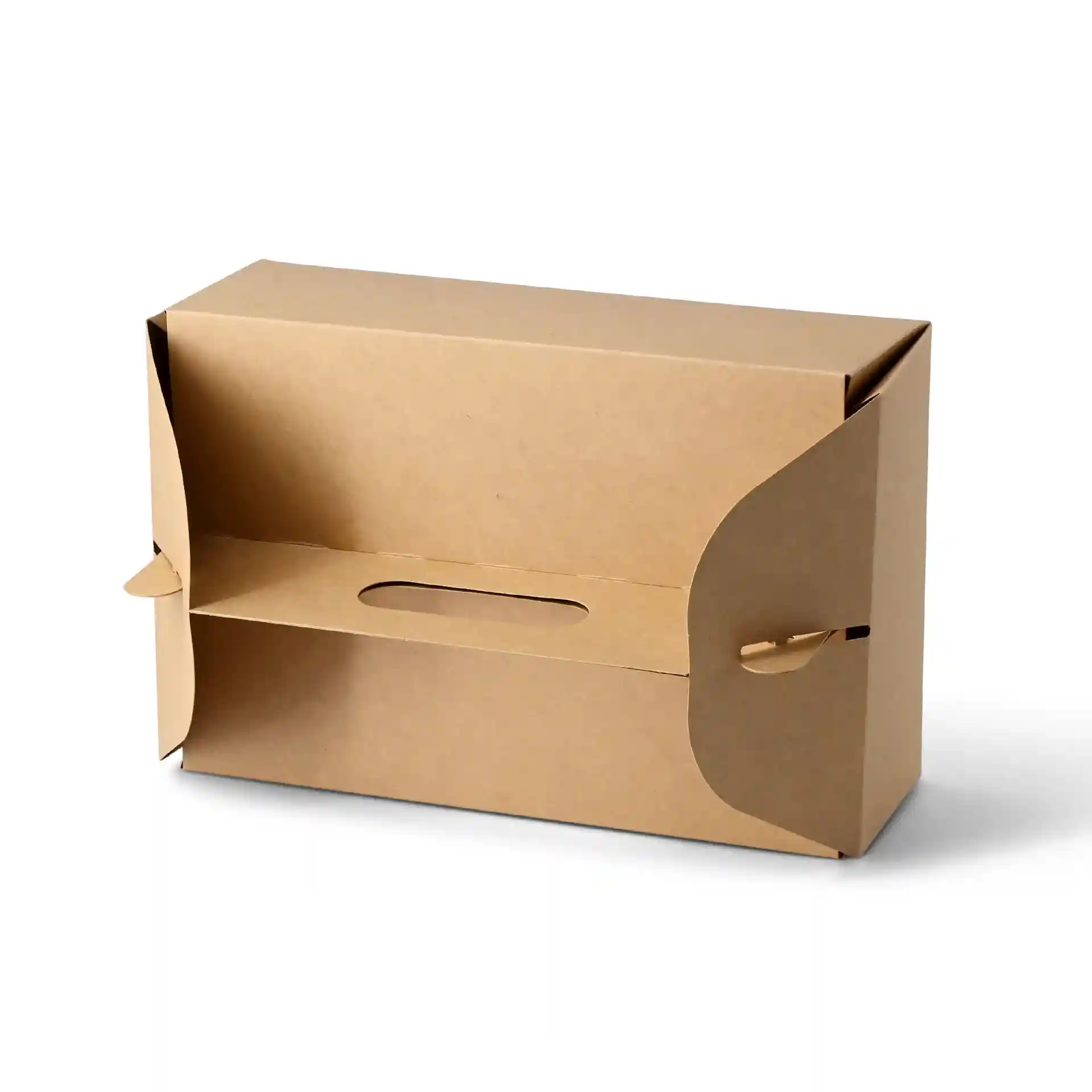 Boîte à pâtisserie en carton rectangulaire marron avec poignée, mesurant 26 x 17 x 9 cm, design pliable.
