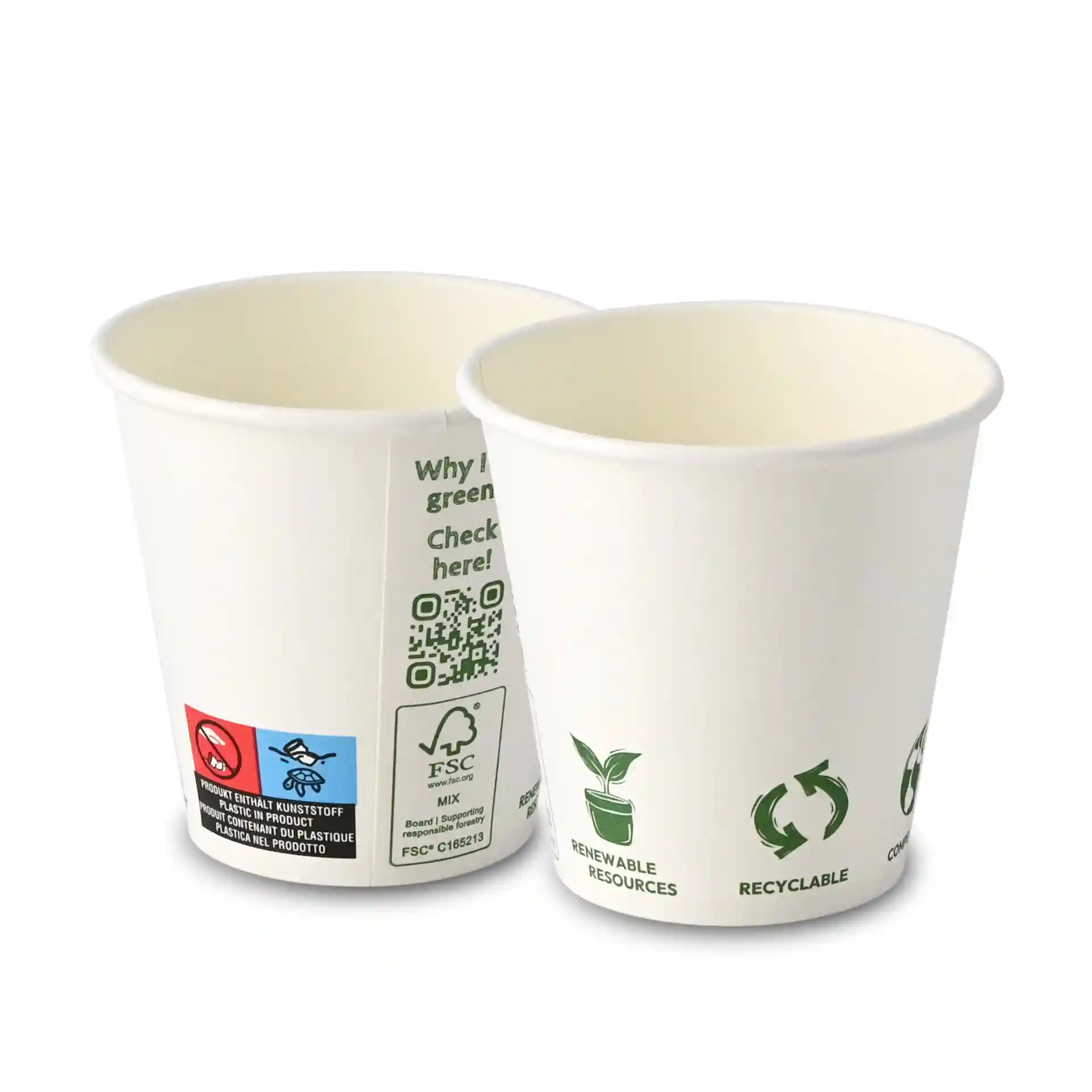Gobelets en papier blancs à paroi simple, affichant des icônes écologiques et un code QR sur le côté.