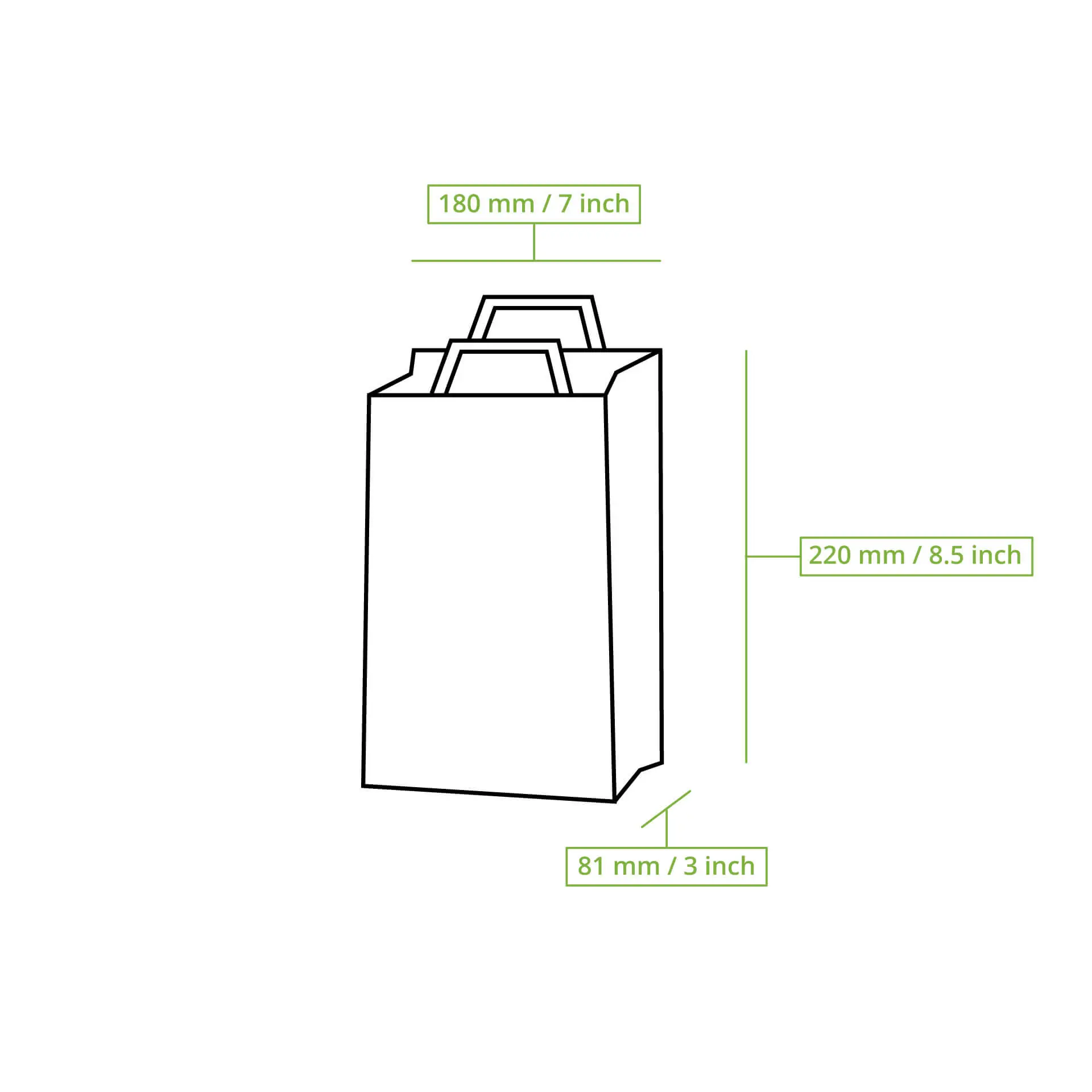 Sac en papier blanc avec des dimensions de 180 mm x 220 mm x 81 mm, design résistant à la déchirure, adapté pour les courses.