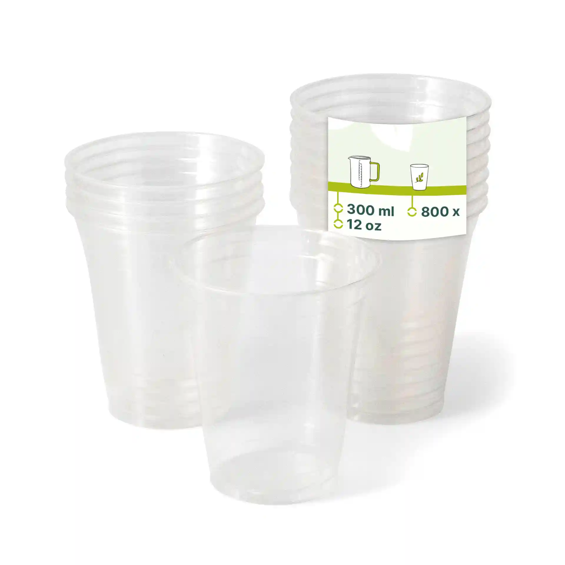 Gobelets en plastique transparents empilés, avec un gobelet devant, montrant une étiquette indiquant une capacité de 300 ml et 800 unités.