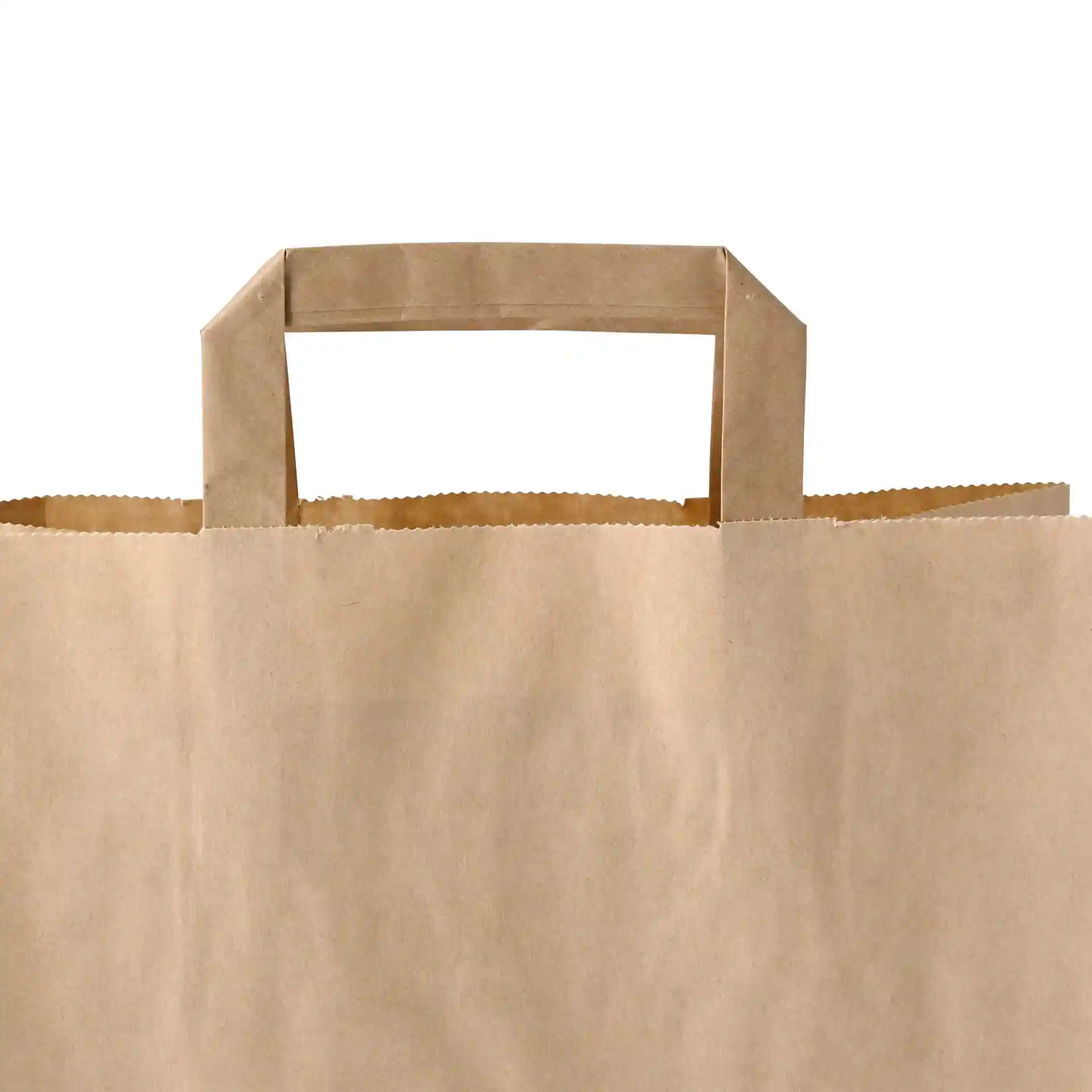Sac en papier brun avec une poignée rectangulaire, montrant le bord supérieur et une partie du sac.