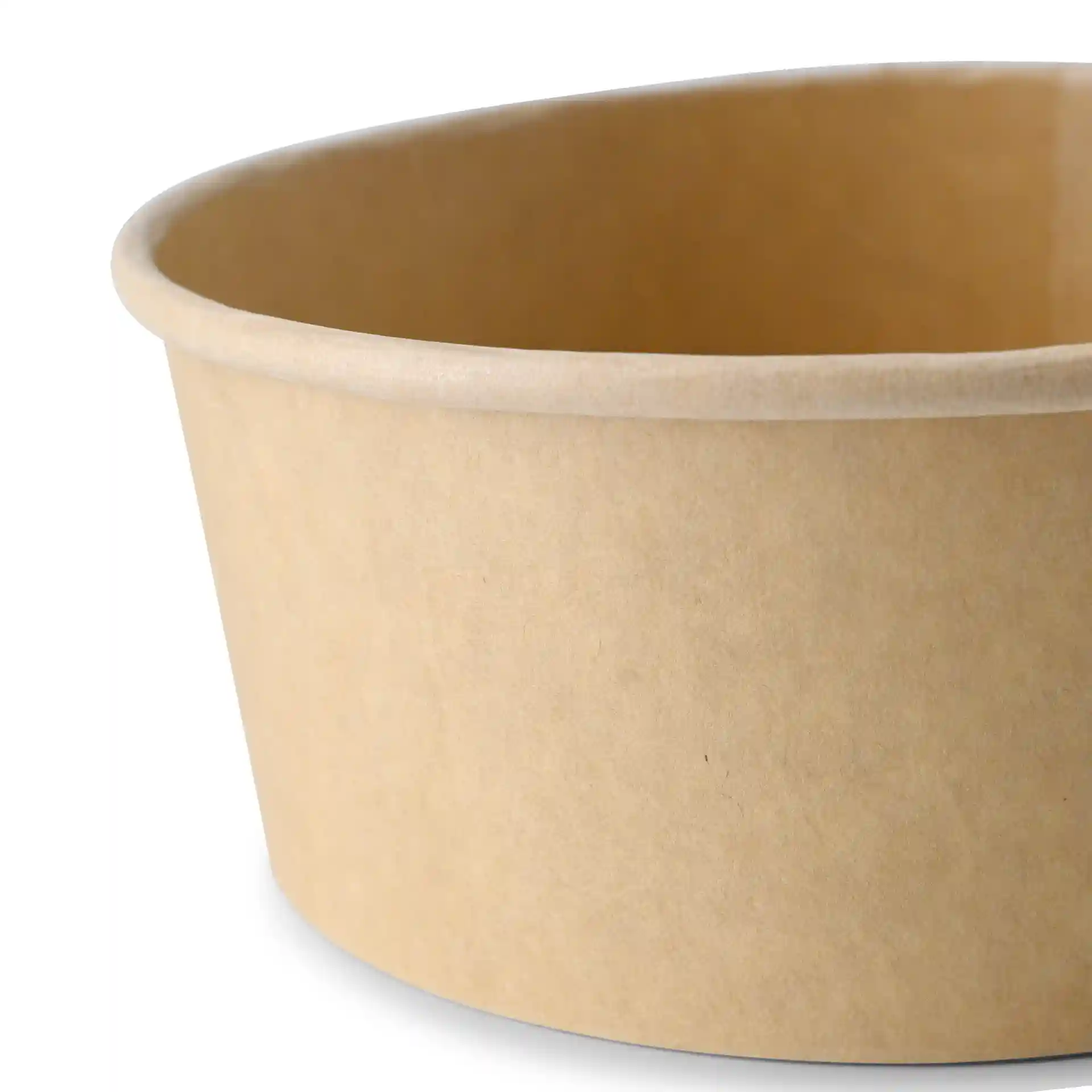 Bol en carton brun de forme ronde, montrant les surfaces intérieure et extérieure.