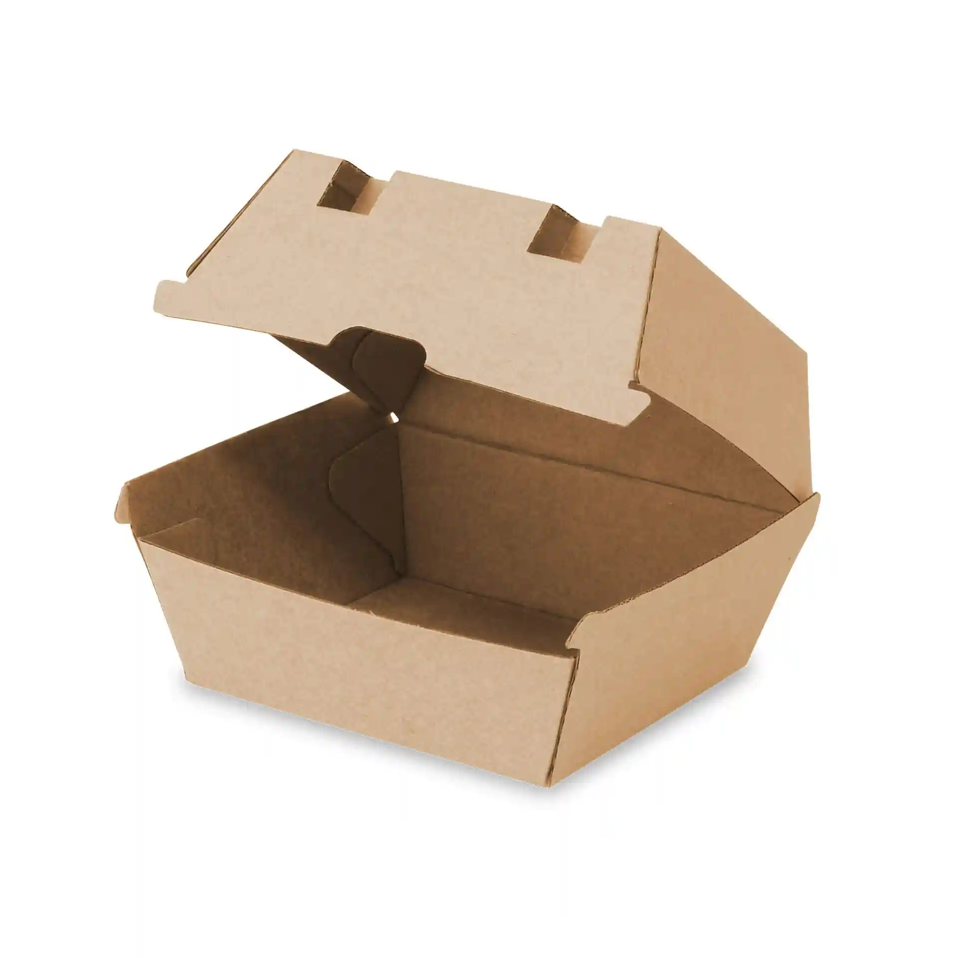 Boîte à burger en carton brun avec couvercle ouvert, mesurant 13 x 14 x 8 cm.