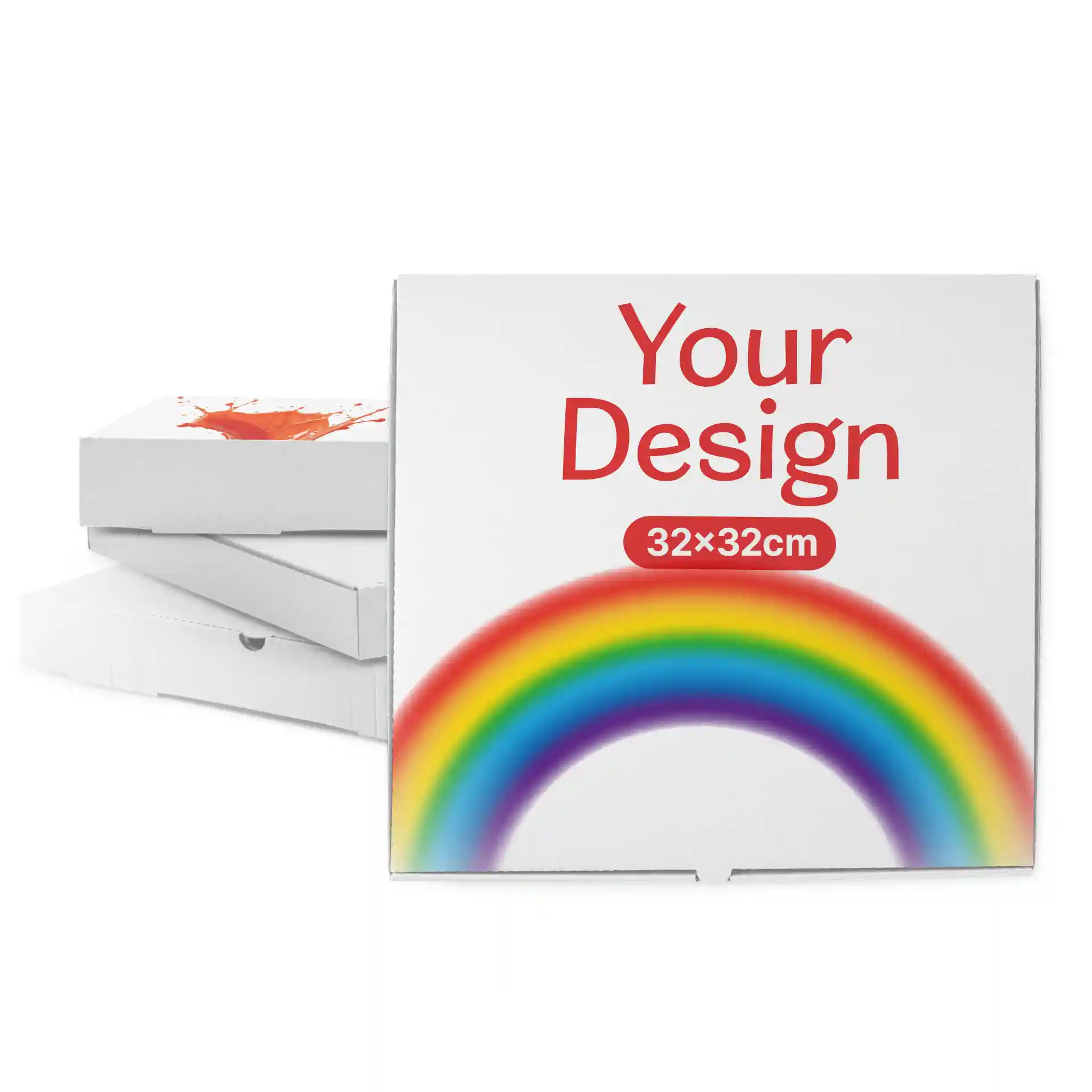 Boîte à pizza blanche avec un graphique arc-en-ciel et un espace pour un design personnalisé, mesurant 32 x 32 x 4 cm.