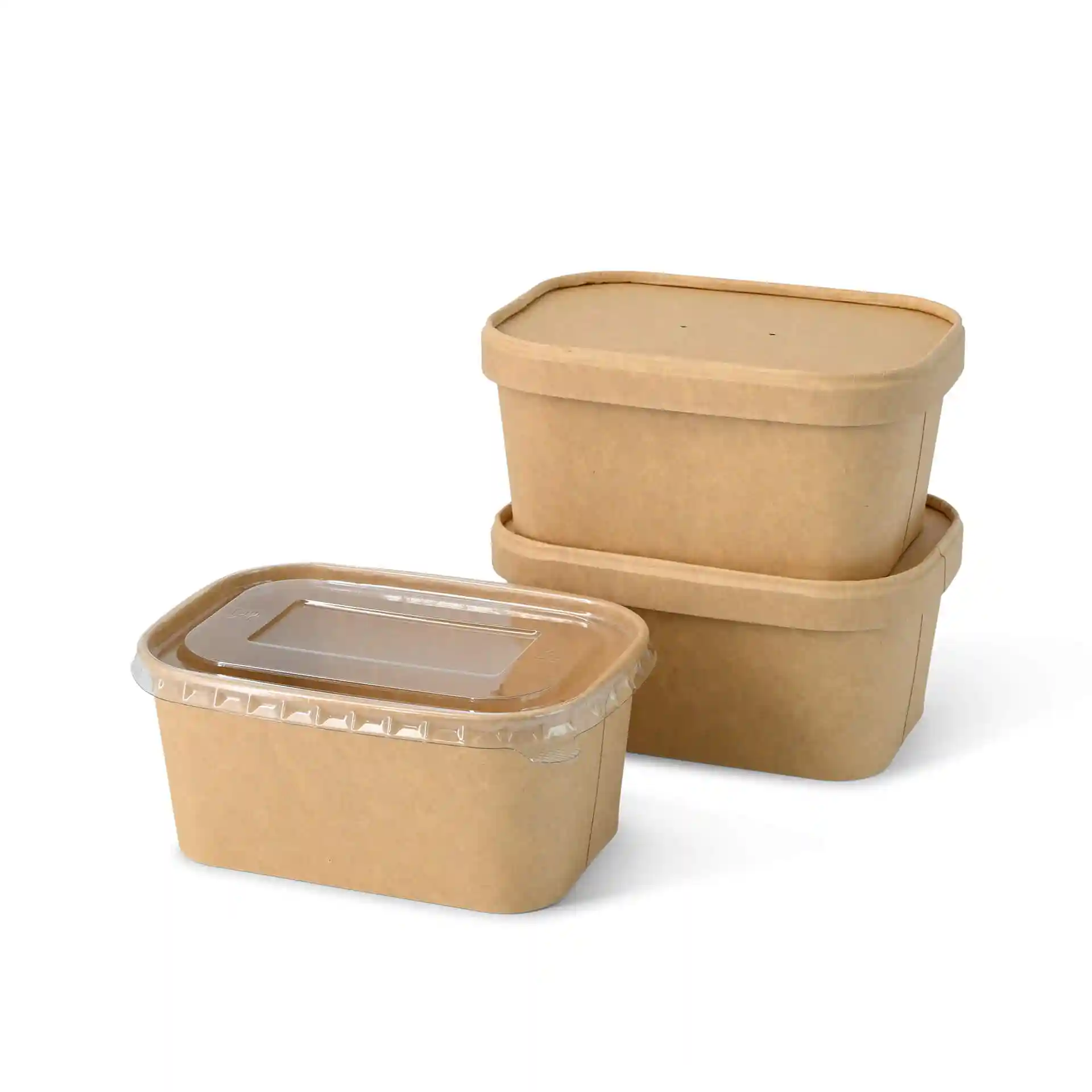 Trois contenants alimentaires rectangulaires en kraft avec un couvercle transparent, de tailles variées, sur fond blanc.