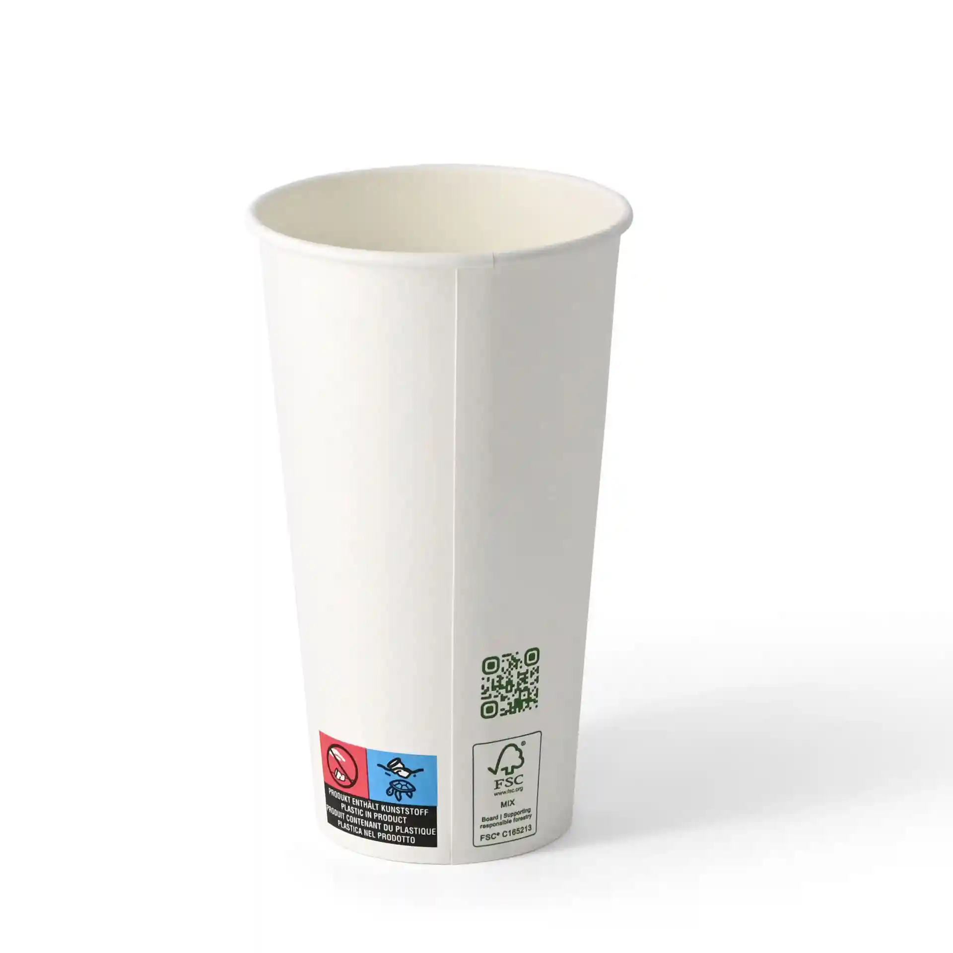 Gobelet en papier blanc à paroi simple, capacité de 500 ml, diamètre de 90 mm, avec diverses étiquettes sur le côté.