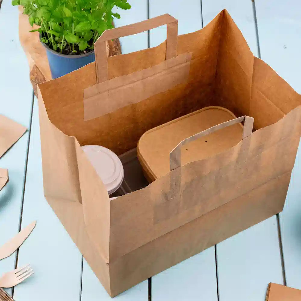 Sac en papier brun avec poignées contenant un récipient rond et une boîte rectangulaire, entouré de couverts et d'une plante.