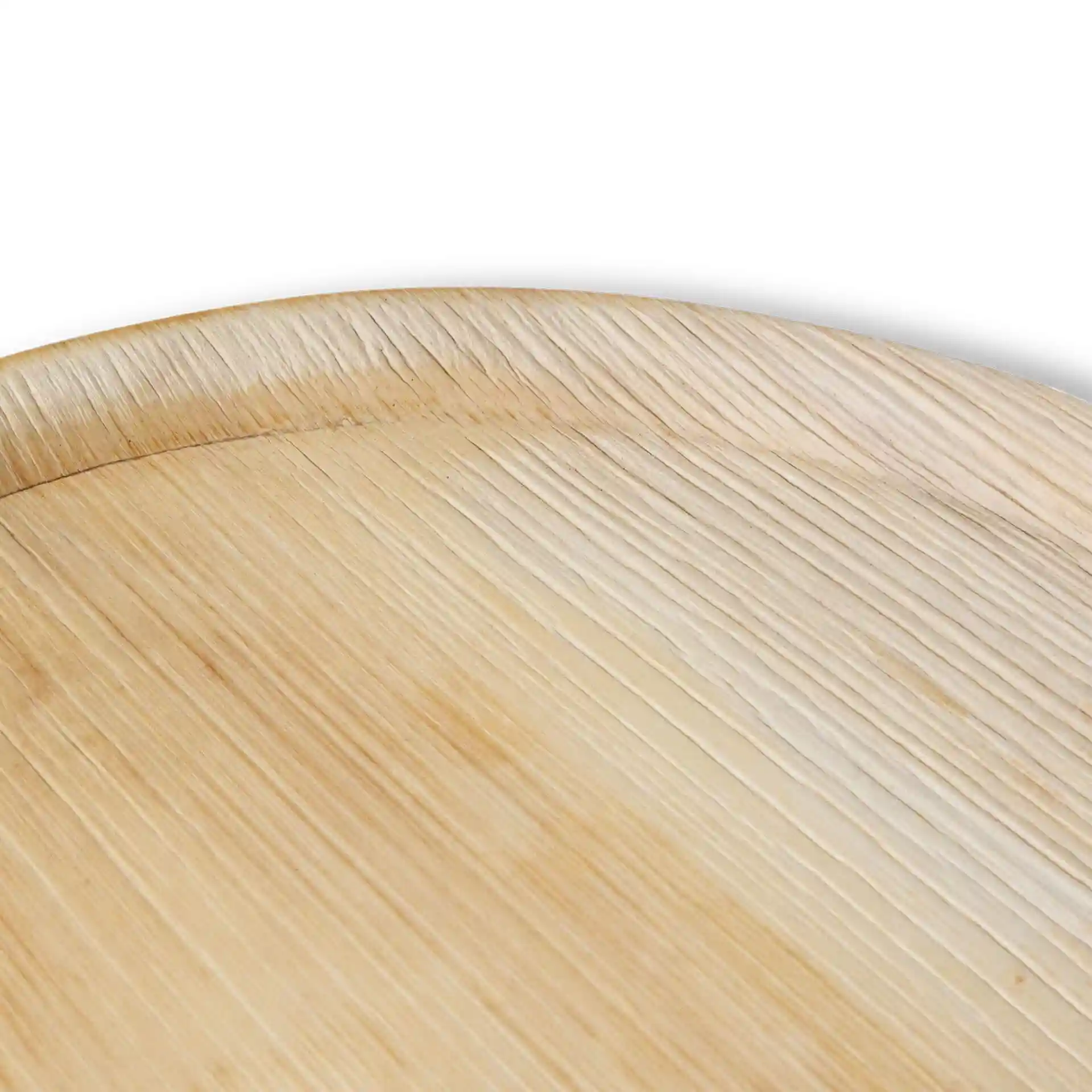 Assiette à pizza ronde en feuille de palmier avec texture granuleuse, mesurant 27 cm de diamètre et 1 cm de hauteur.