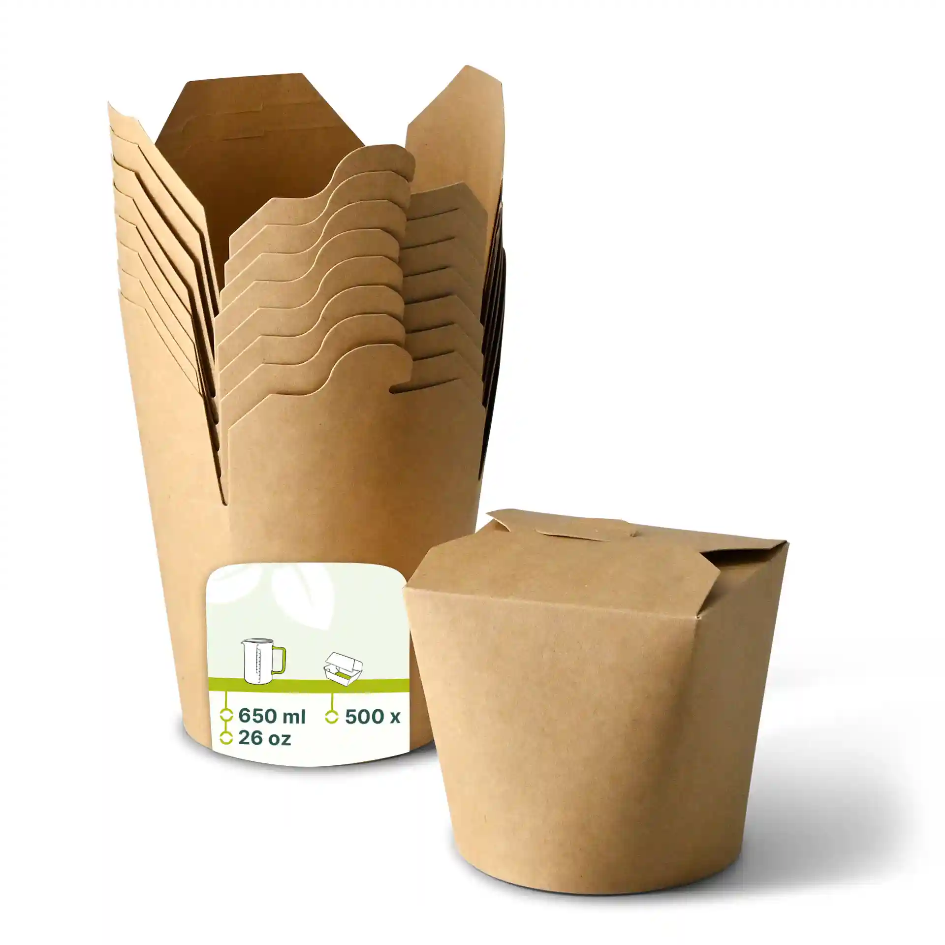 Boîte à nouilles brune en carton enduit, capacité de 650 ml, avec plusieurs boîtes empilées dans une plus grande boîte.
