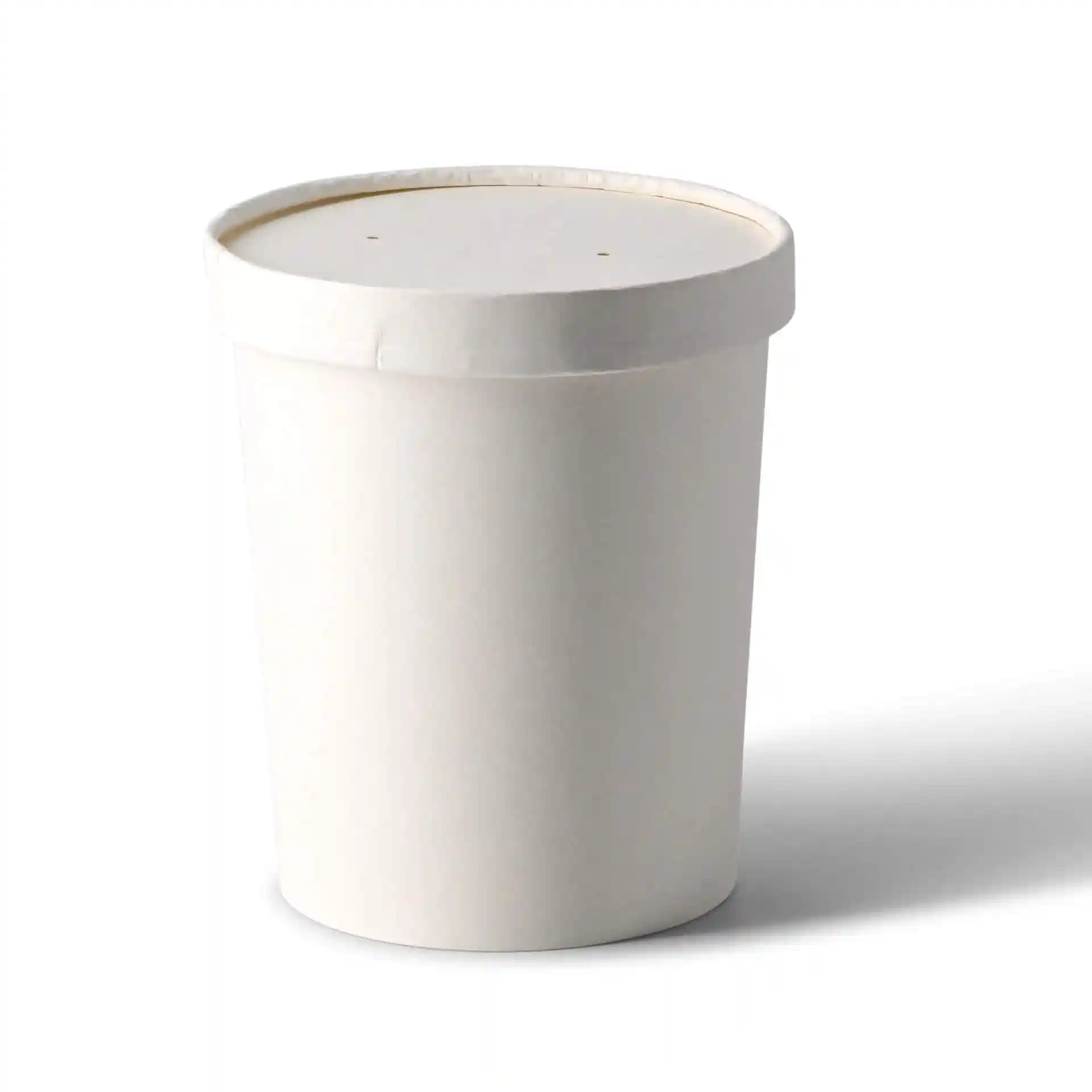 Conteneur rond en carton blanc avec couvercle, conçu pour la soupe, diamètre de 118 mm et hauteur de 16 mm.