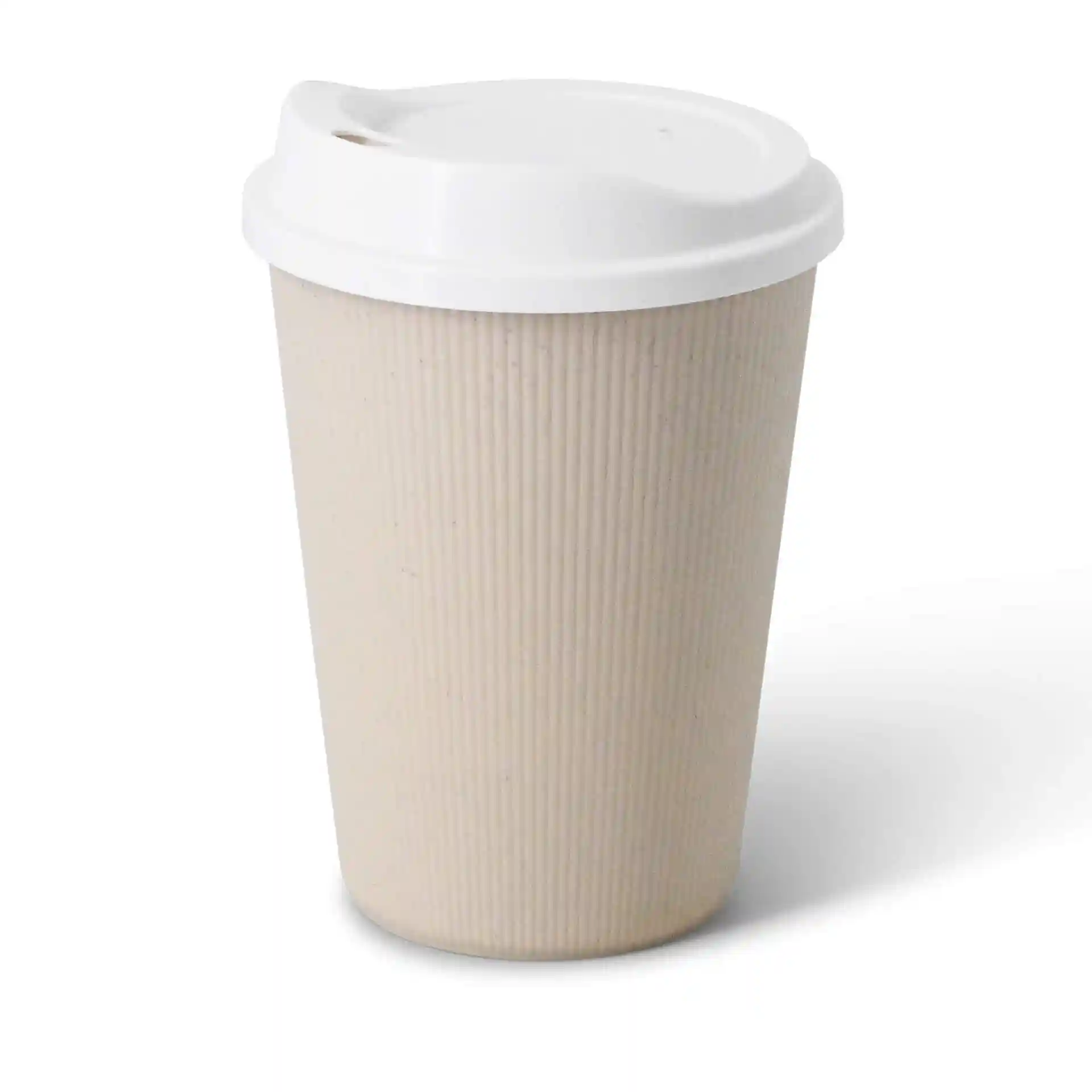 Gobelet réutilisable à rayures blanc crème avec un couvercle blanc, capacité de 16 oz, forme ronde et sans revêtement.