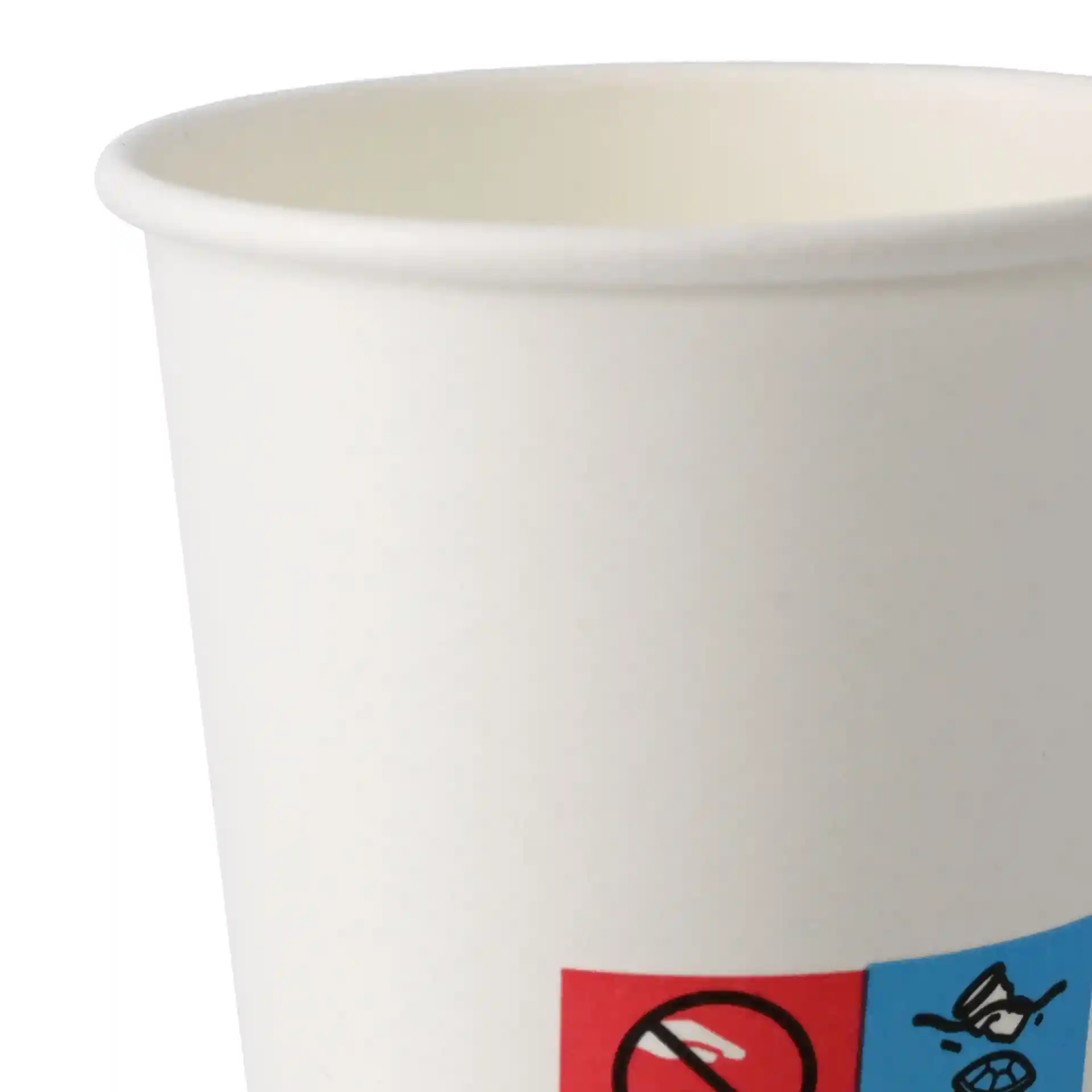 Gobelet blanc de 62 mm de diamètre, avec une étiquette rouge et bleue comportant des symboles.