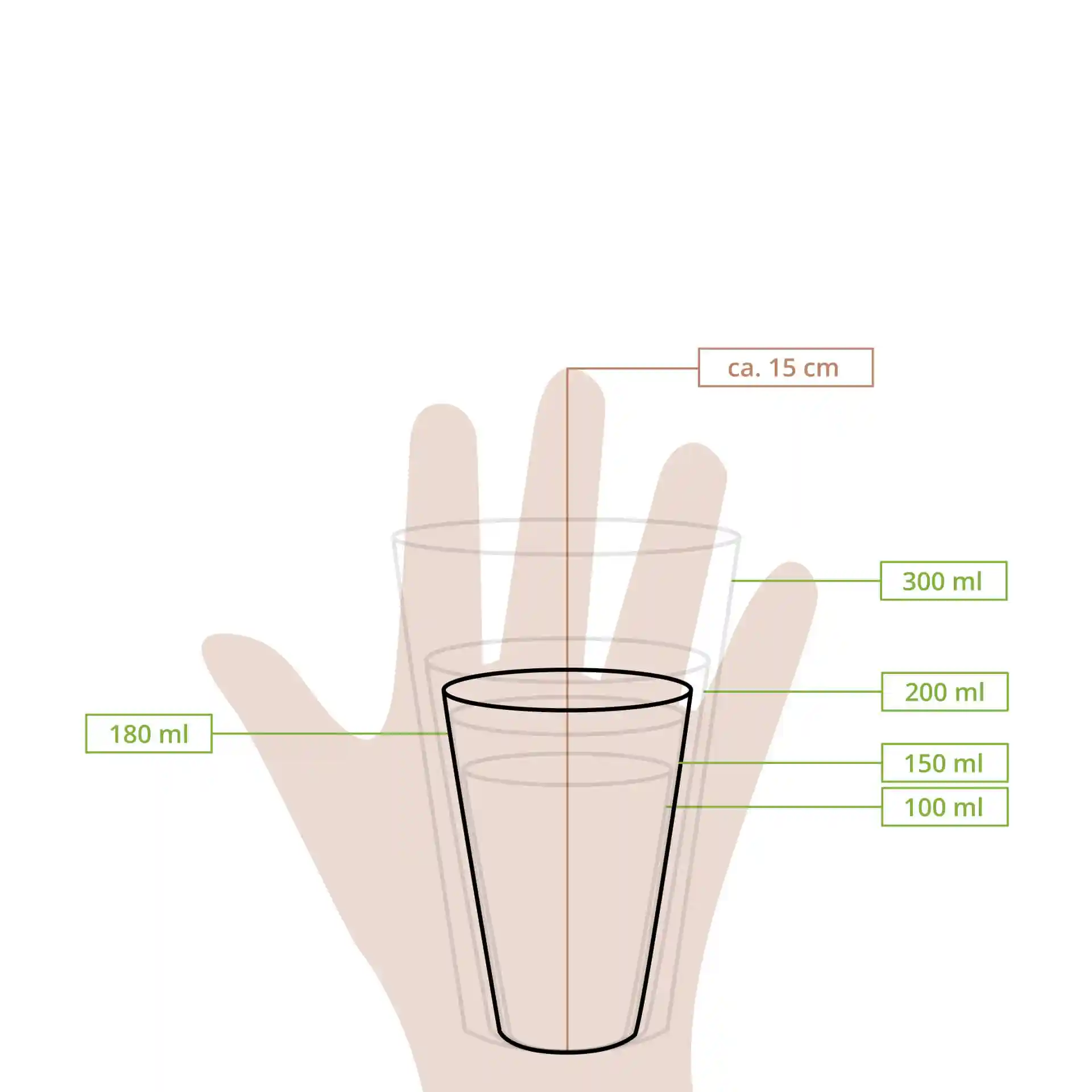 Dessin schématique d'un gobelet avec des lignes de mesure montrant les marques de hauteur et de volume de 100 ml à 300 ml.