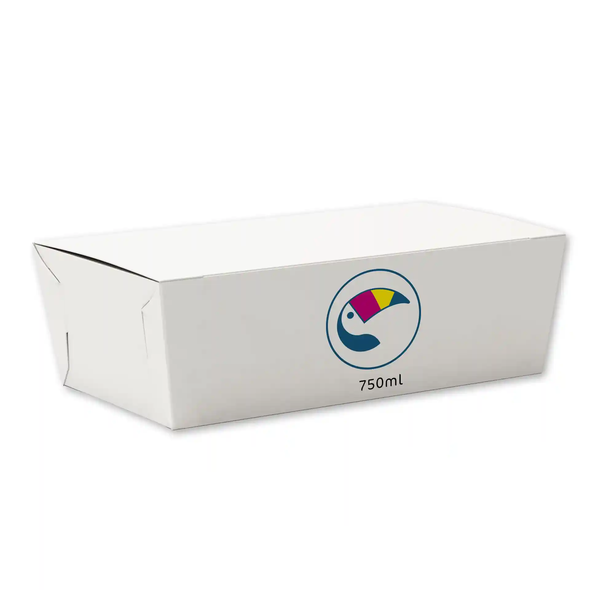 Boîte à snacks blanche avec logo et indication de capacité de 750 ml, dimensions 188 mm de long, 104 mm de large et 47 mm de haut.